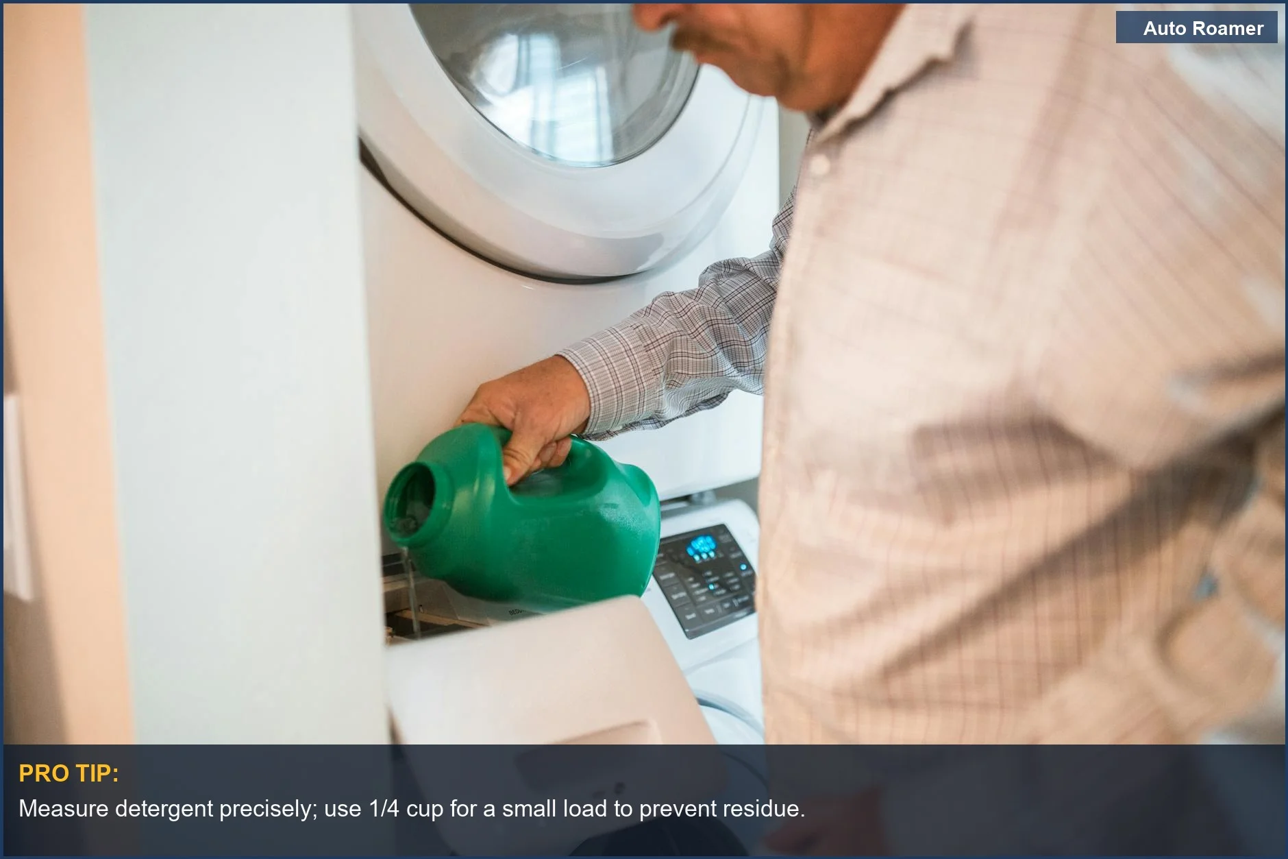 Man carefully adding detergent to a portable washing machine, essential for car camping laundry needs.