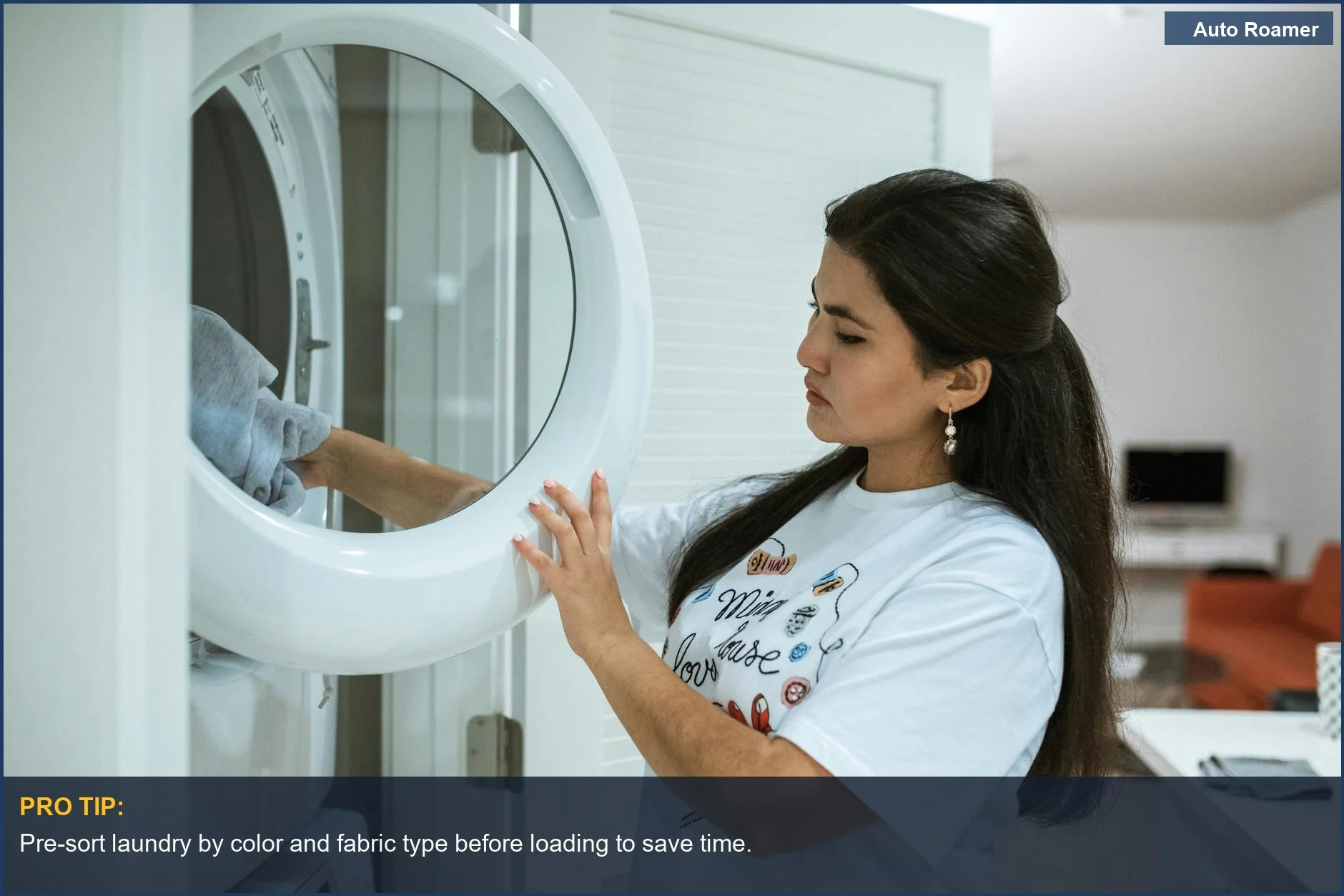 Woman loading clothes into a modern washing machine, highlighting efficiency for camping trips.