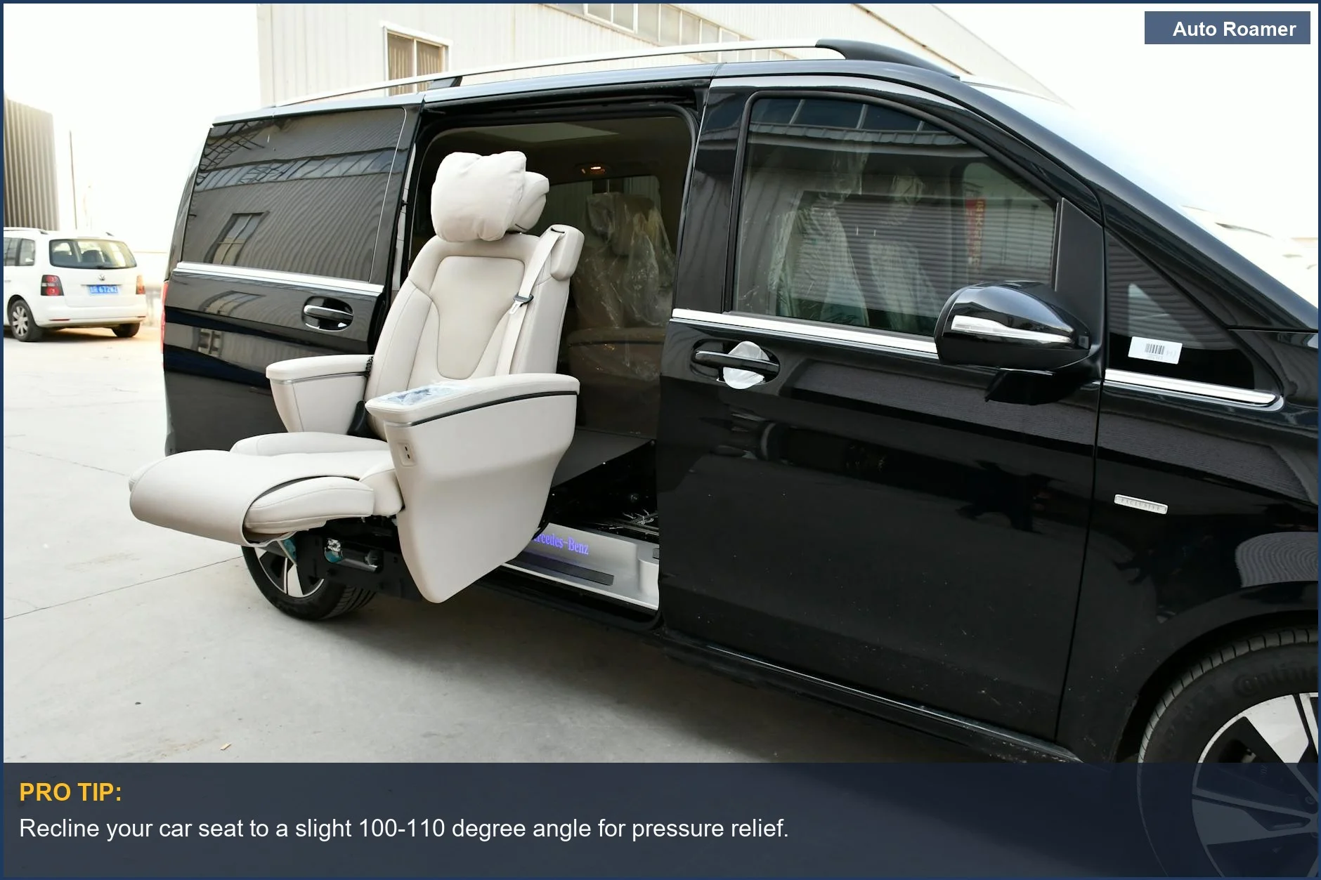 Luxury van extended leather seat promotes optimal comfort for car sleeping without back pain.