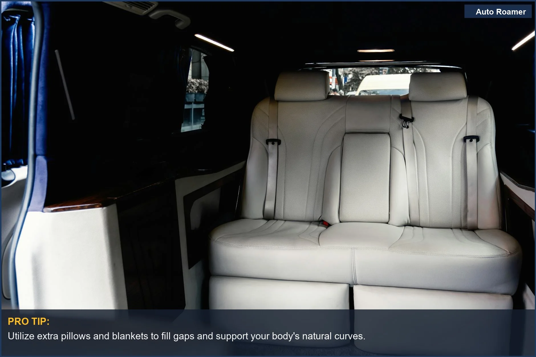 Spacious car interior with plush seats ideal for long-distance travel and comfortable car sleeping.