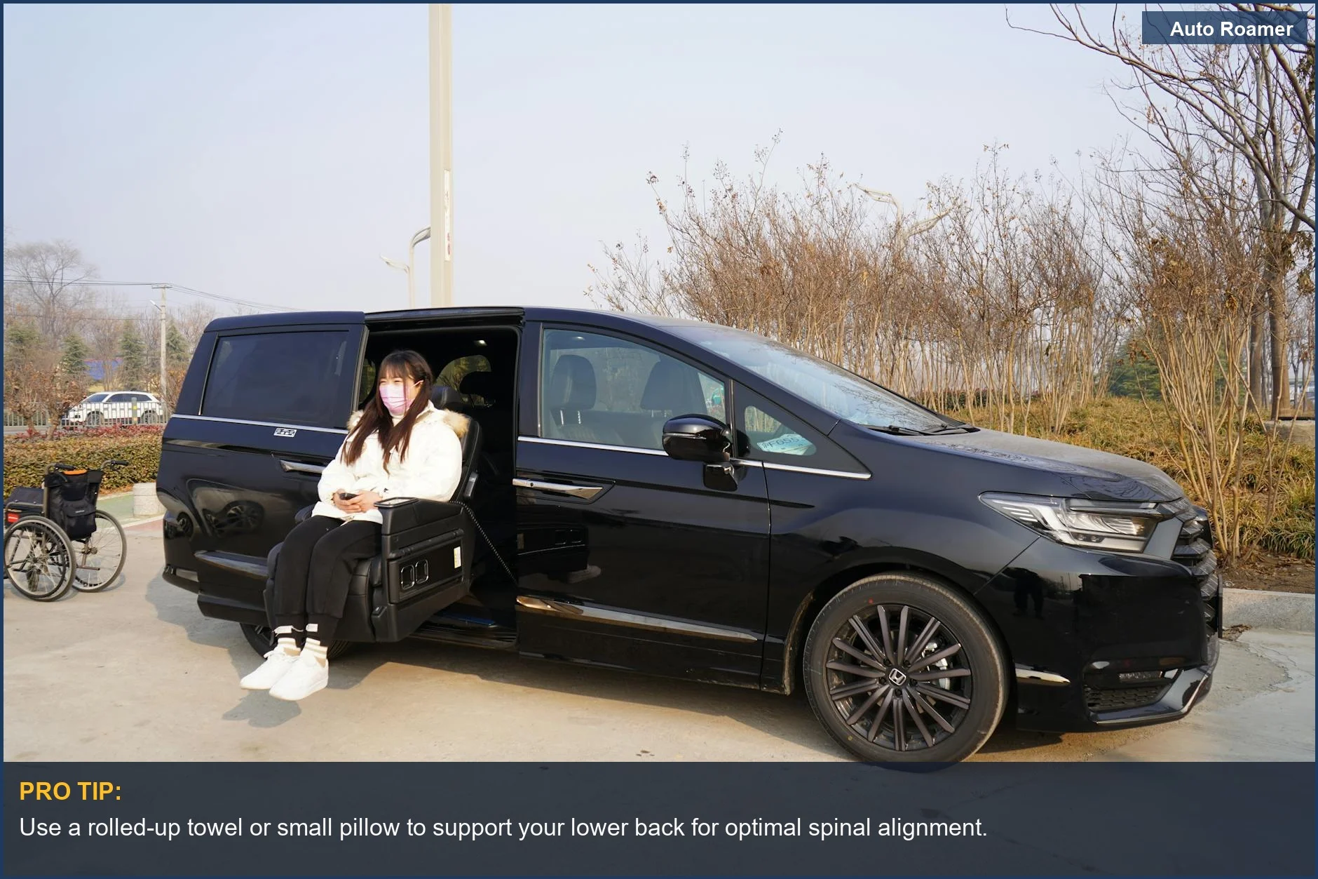Woman in face mask reclines car seat for comfortable car sleep, avoiding back pain.