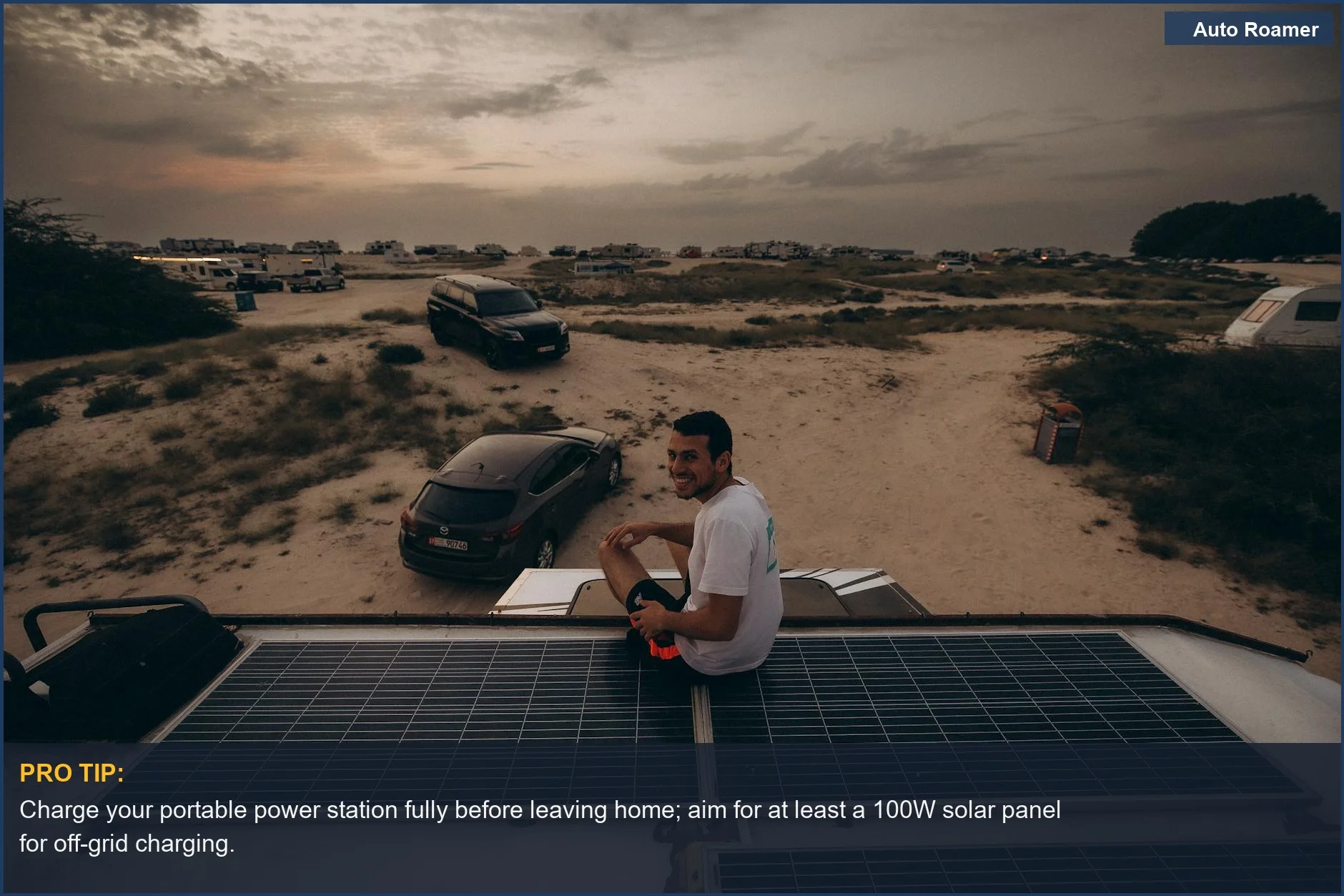 Beginner camping power solution: portable power station charging devices at a desert campsite.