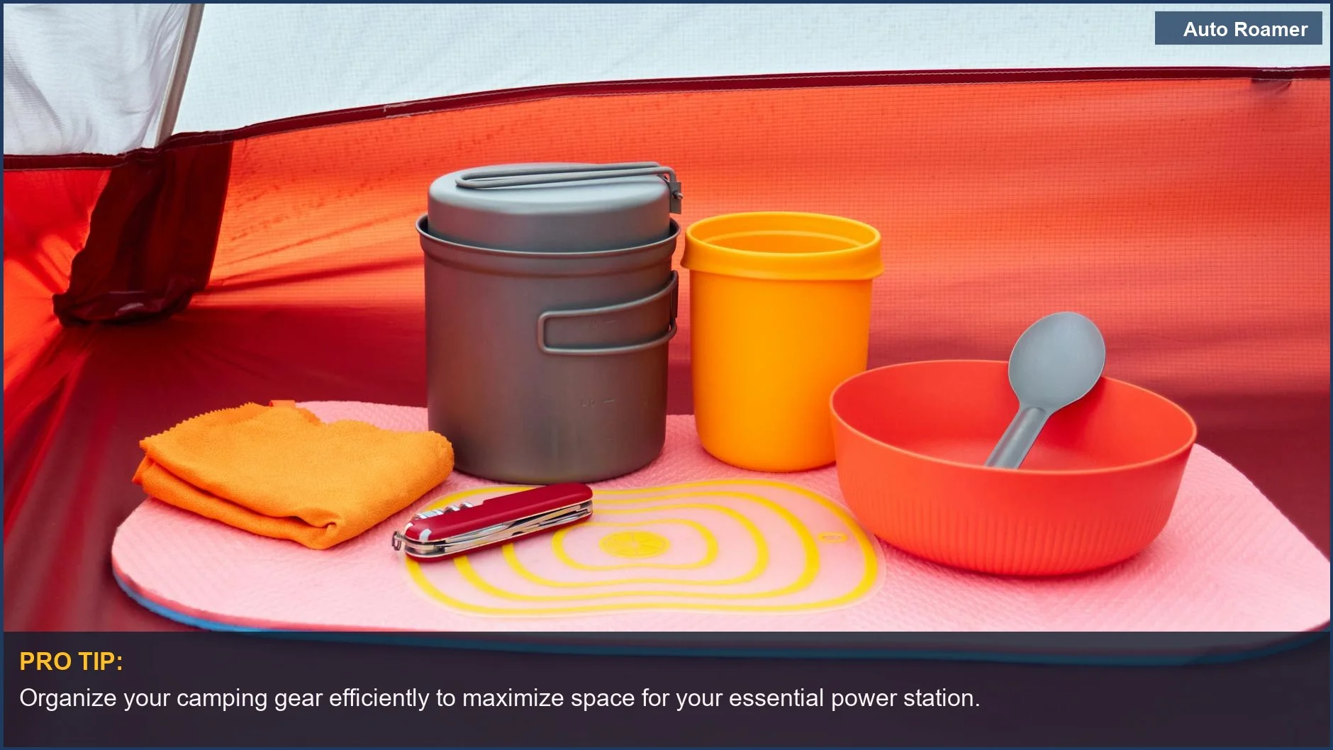 Colorful camping cookware and utensils inside a tent, perfect for a portable power station blog post.