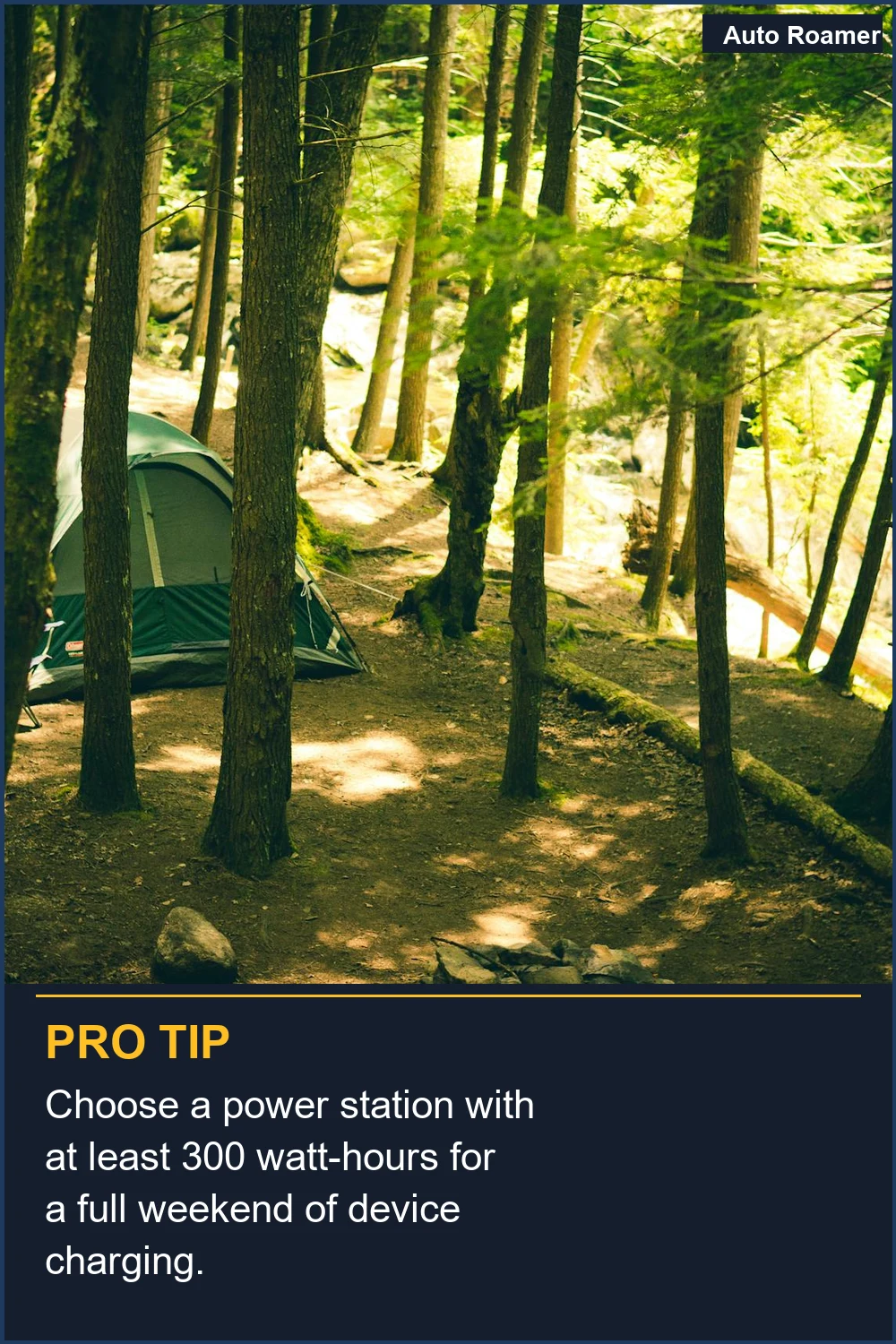 Choose a power station with at least 300 watt-hours for a full weekend of device charging.