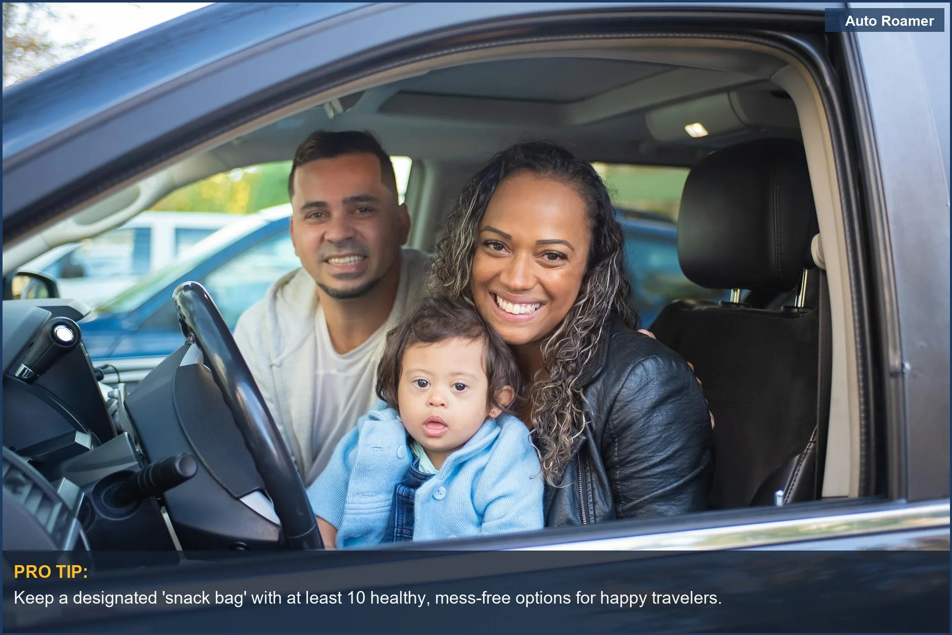 Happy family and baby in car, showcasing essential road trip items for children.