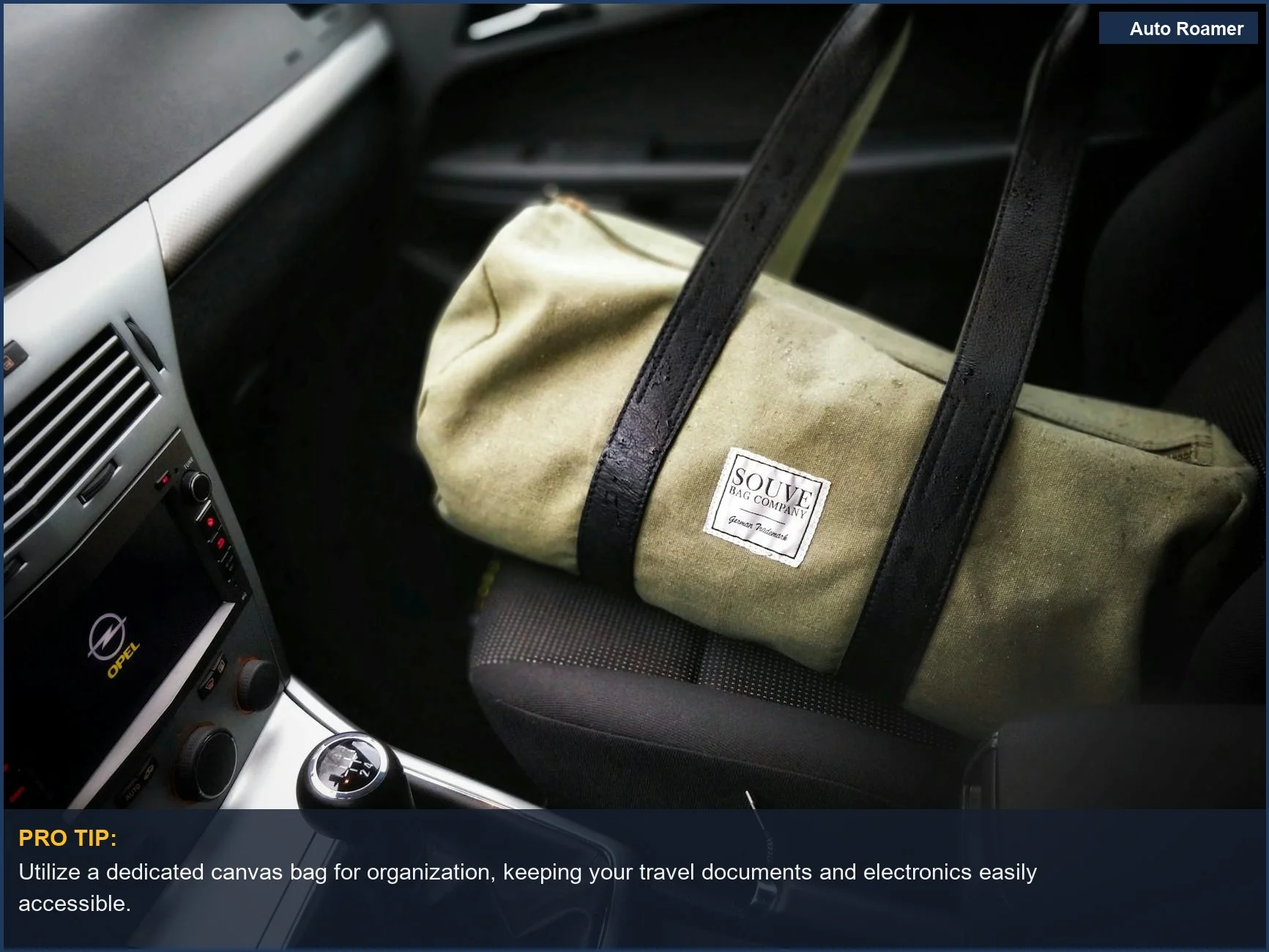 Stylish green canvas bag on a car seat, representing organized and elegant road trip essentials.