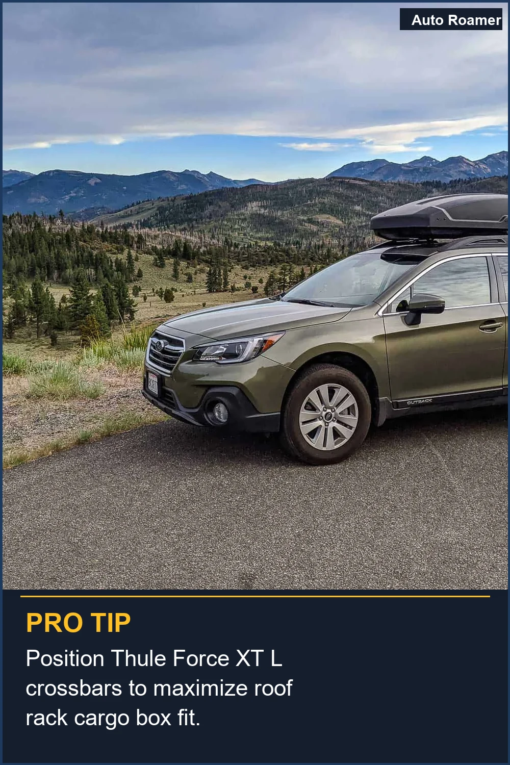 Position Thule Force XT L crossbars to maximize roof rack cargo box fit.