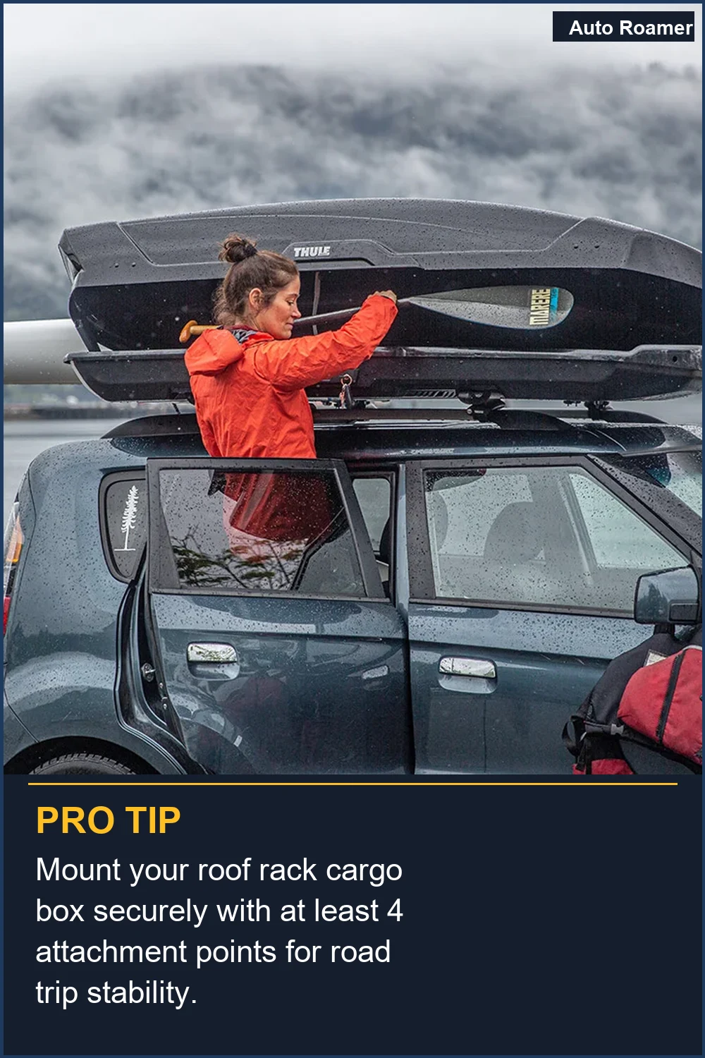 Mount your roof rack cargo box securely with at least 4 attachment points for road trip stability.