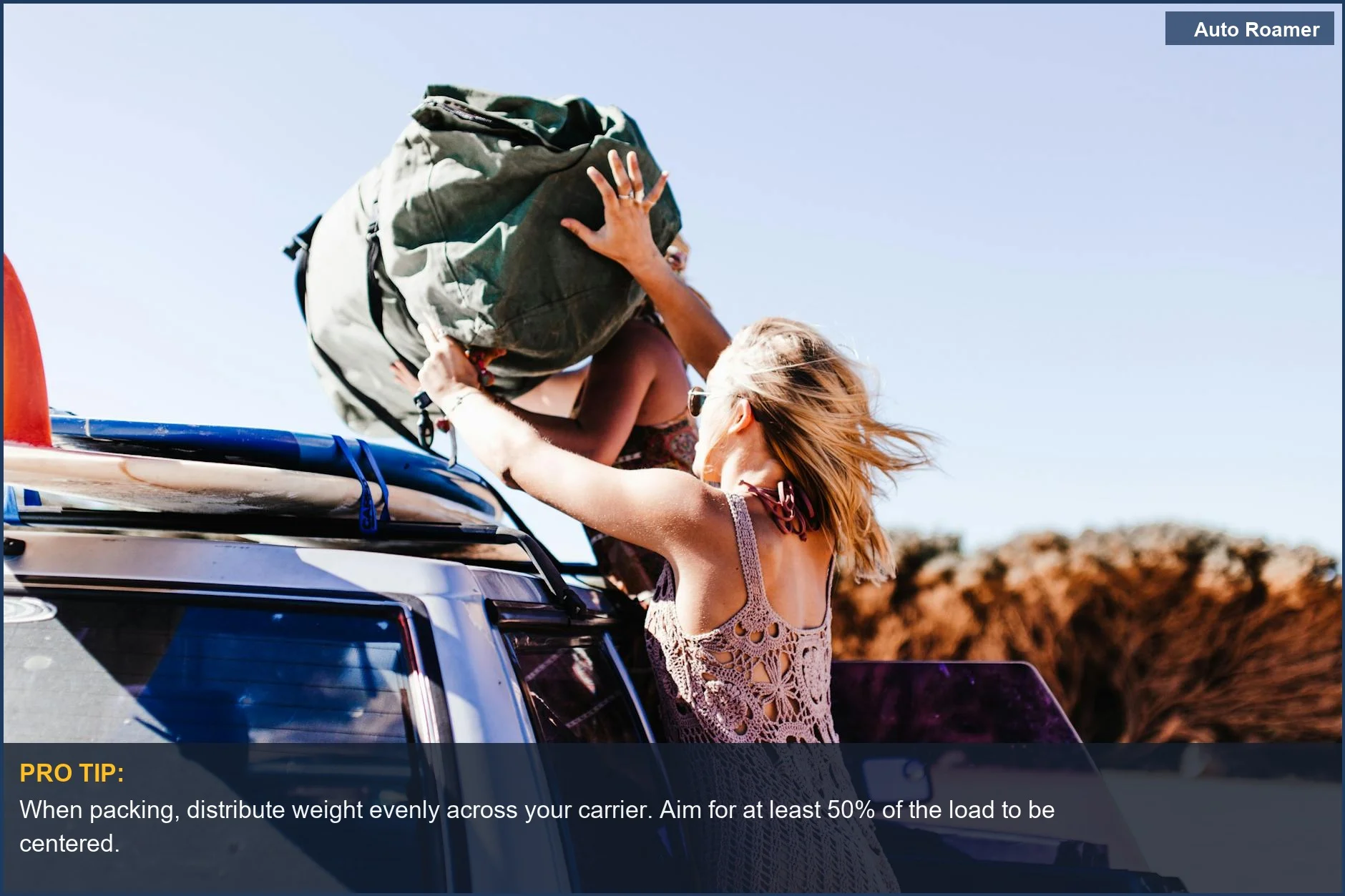 Woman loading a bag onto a roof rack, preparing for a road trip adventure with a cargo carrier.