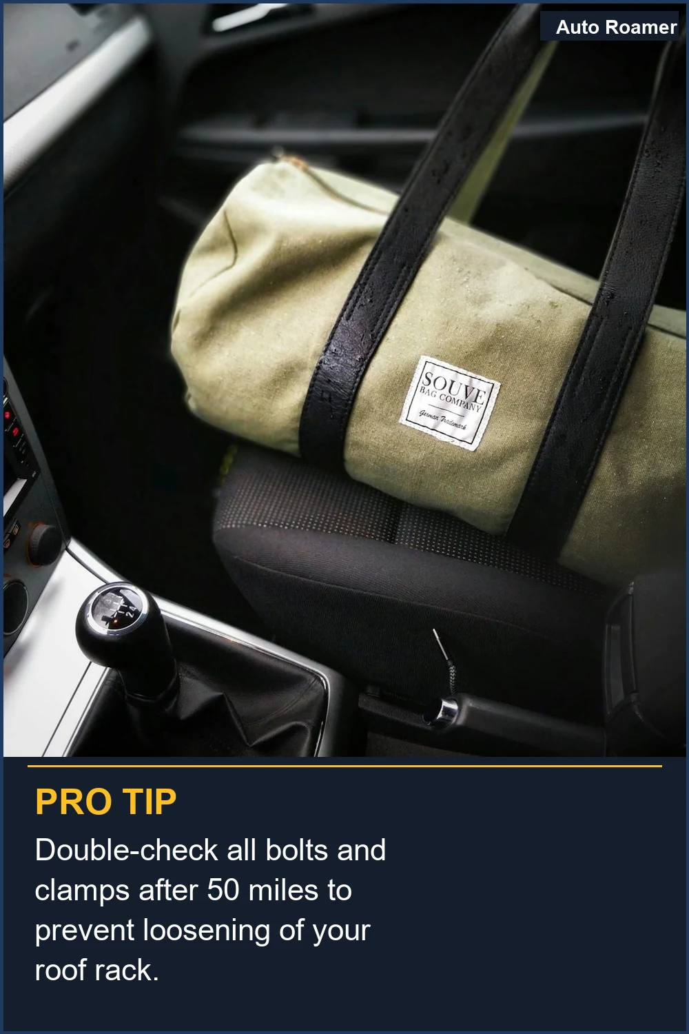 Double-check all bolts and clamps after 50 miles to prevent loosening of your roof rack.