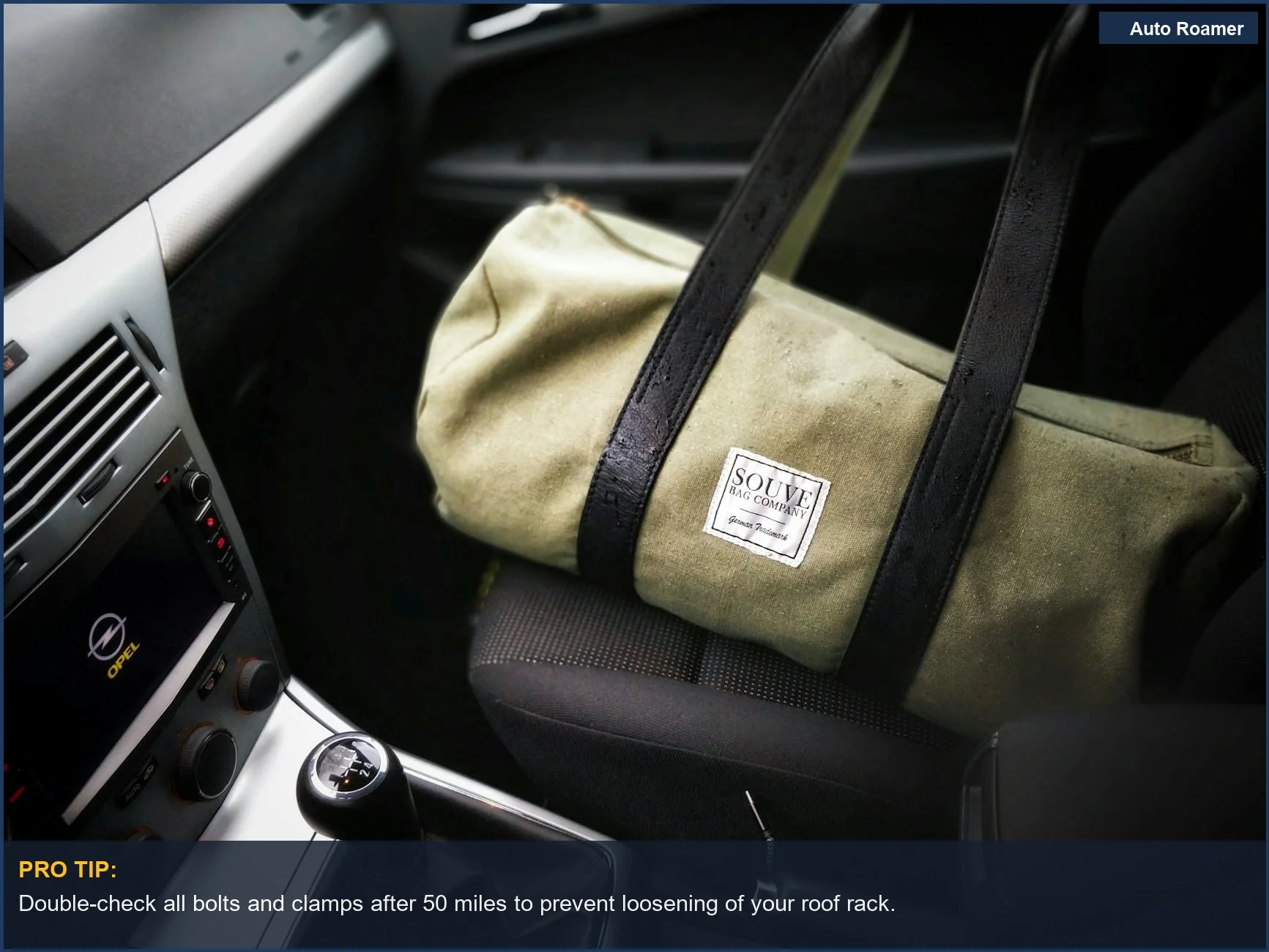 Stylish green canvas bag on a car seat, demonstrating elegant travel for car camping enthusiasts.