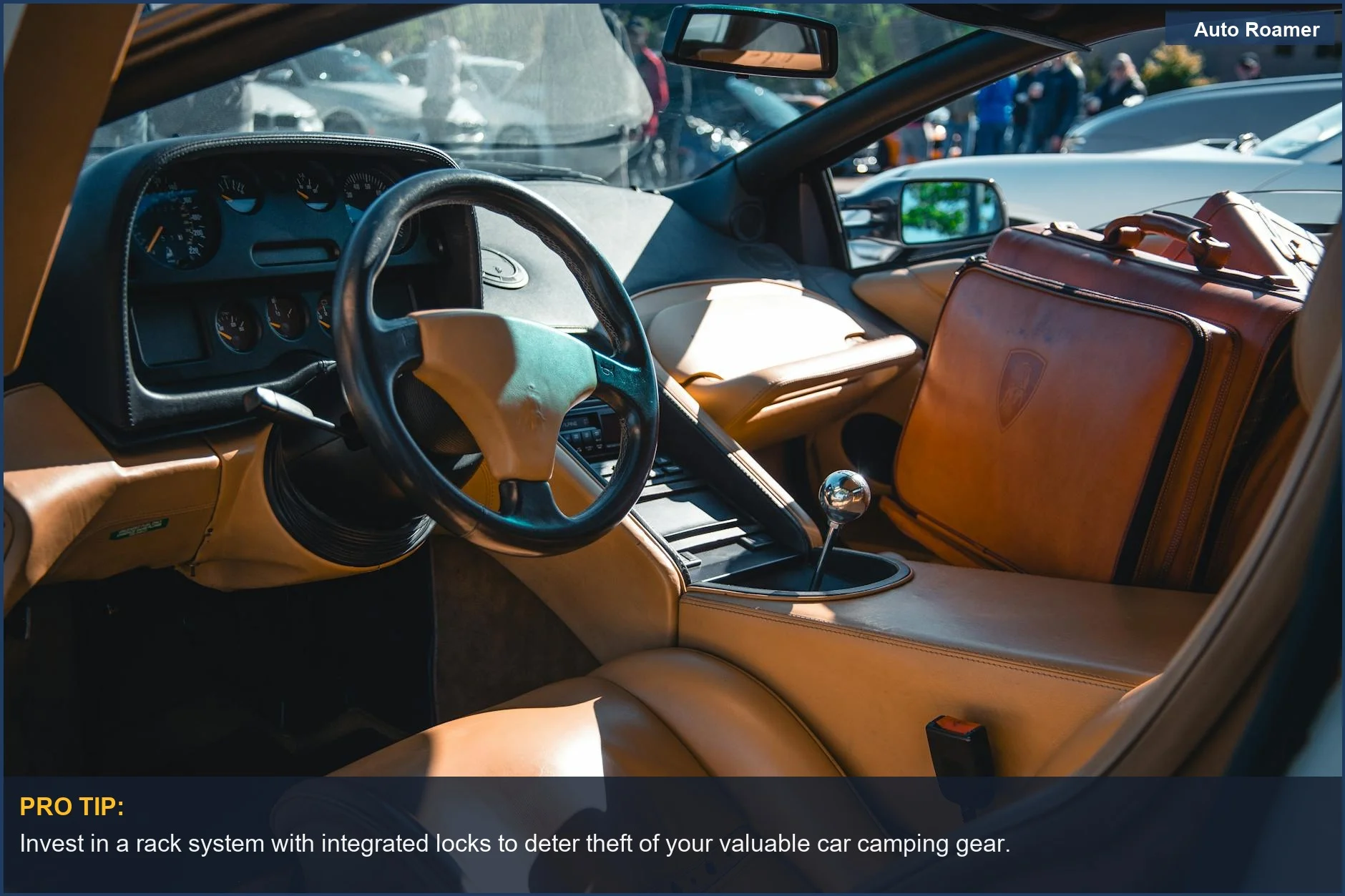 Luxurious sports car interior with leather seats and luggage, suggesting premium car camping gear transport.