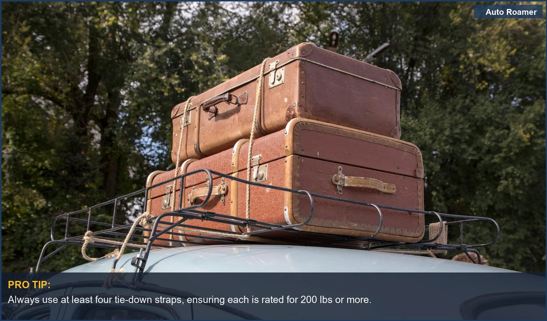 Vintage suitcases stacked securely on a classic car roof rack, ready for an outdoor road trip adventure.