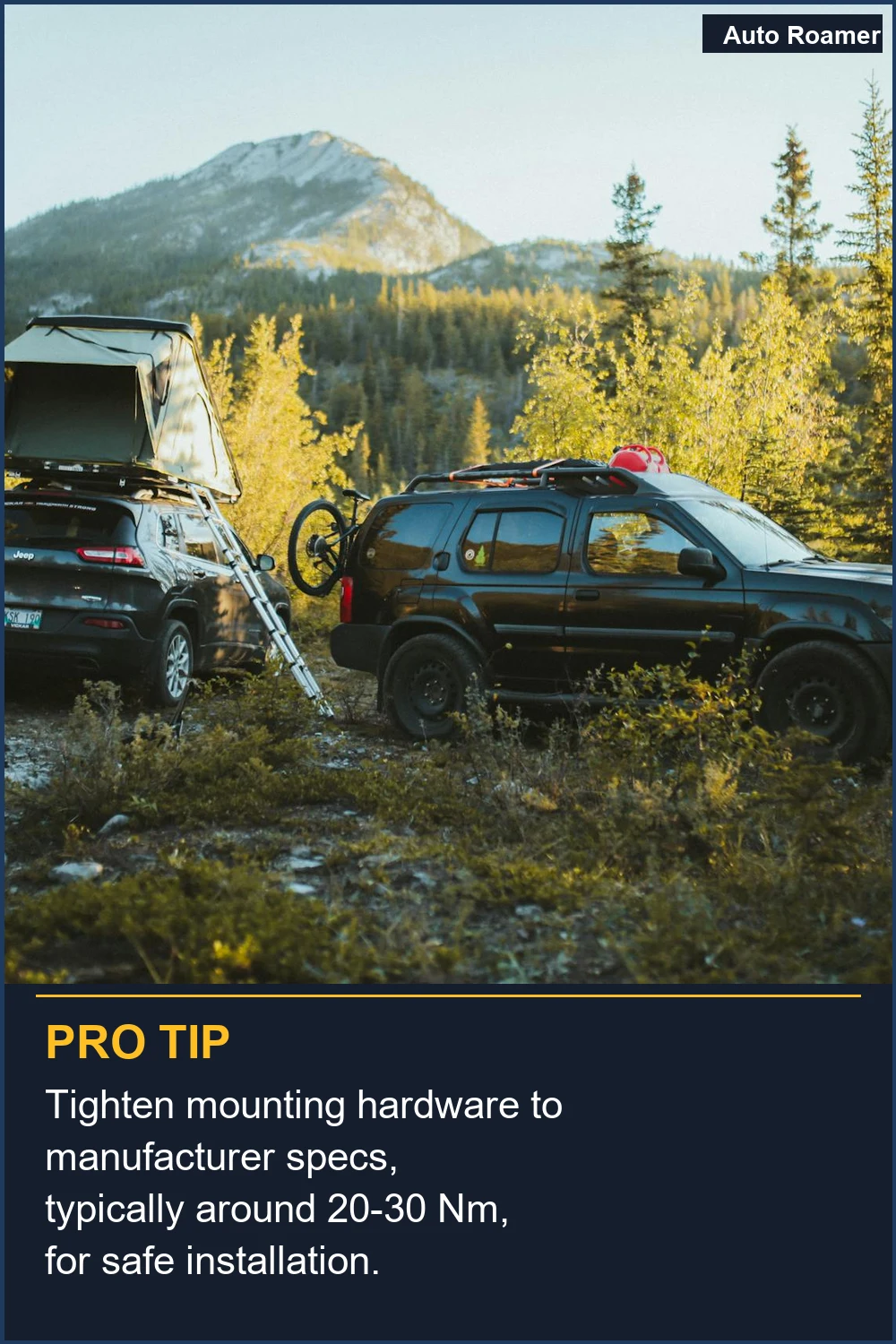 Tighten mounting hardware to manufacturer specs, typically around 20-30 Nm, for safe installation.