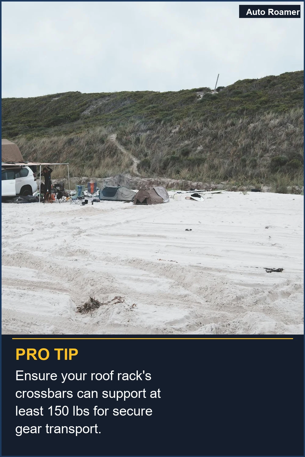 Ensure your roof rack's crossbars can support at least 150 lbs for secure gear transport.