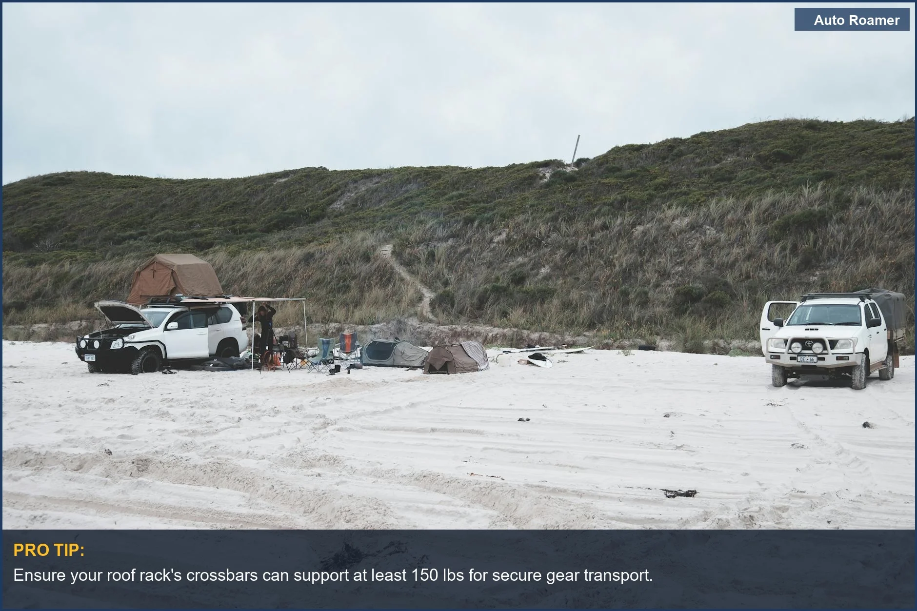 SUV camping on a beach with a roof rack carrying gear, showcasing the best roof racks for SUV camping.