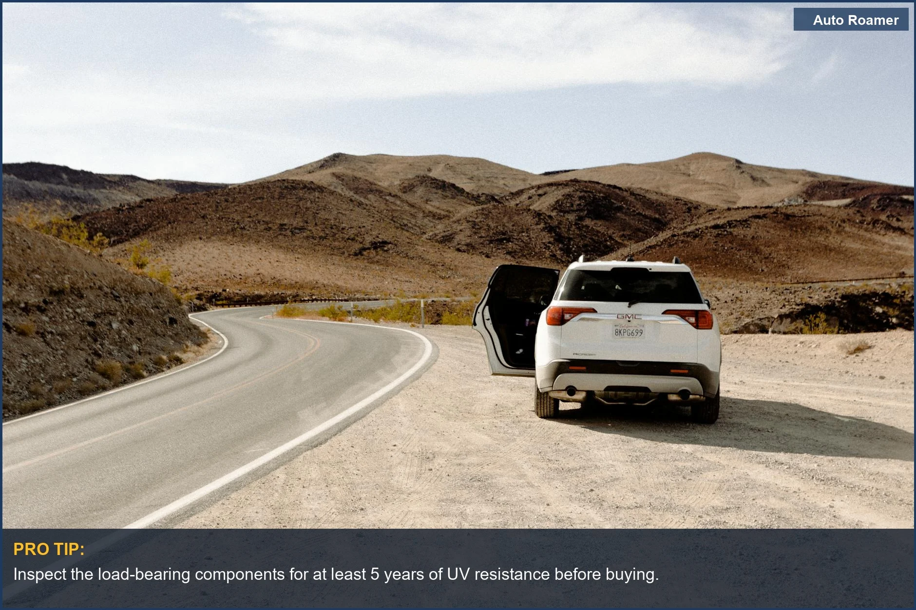 White SUV with rooftop tent on desert road, highlighting car camping adventure and travel.