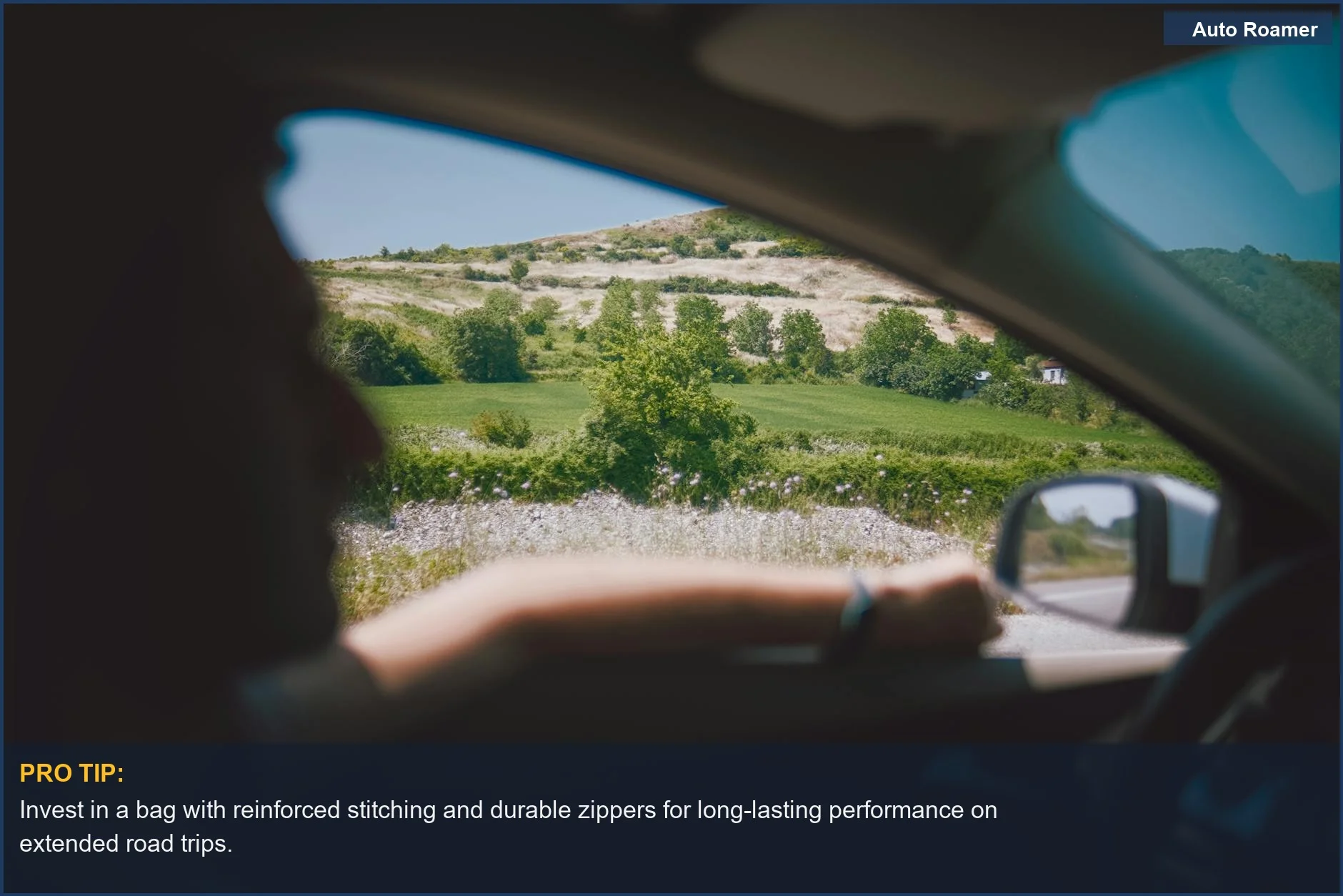 Scenic countryside views from a car window on a sunny day, highlighting the joy of a road trip.