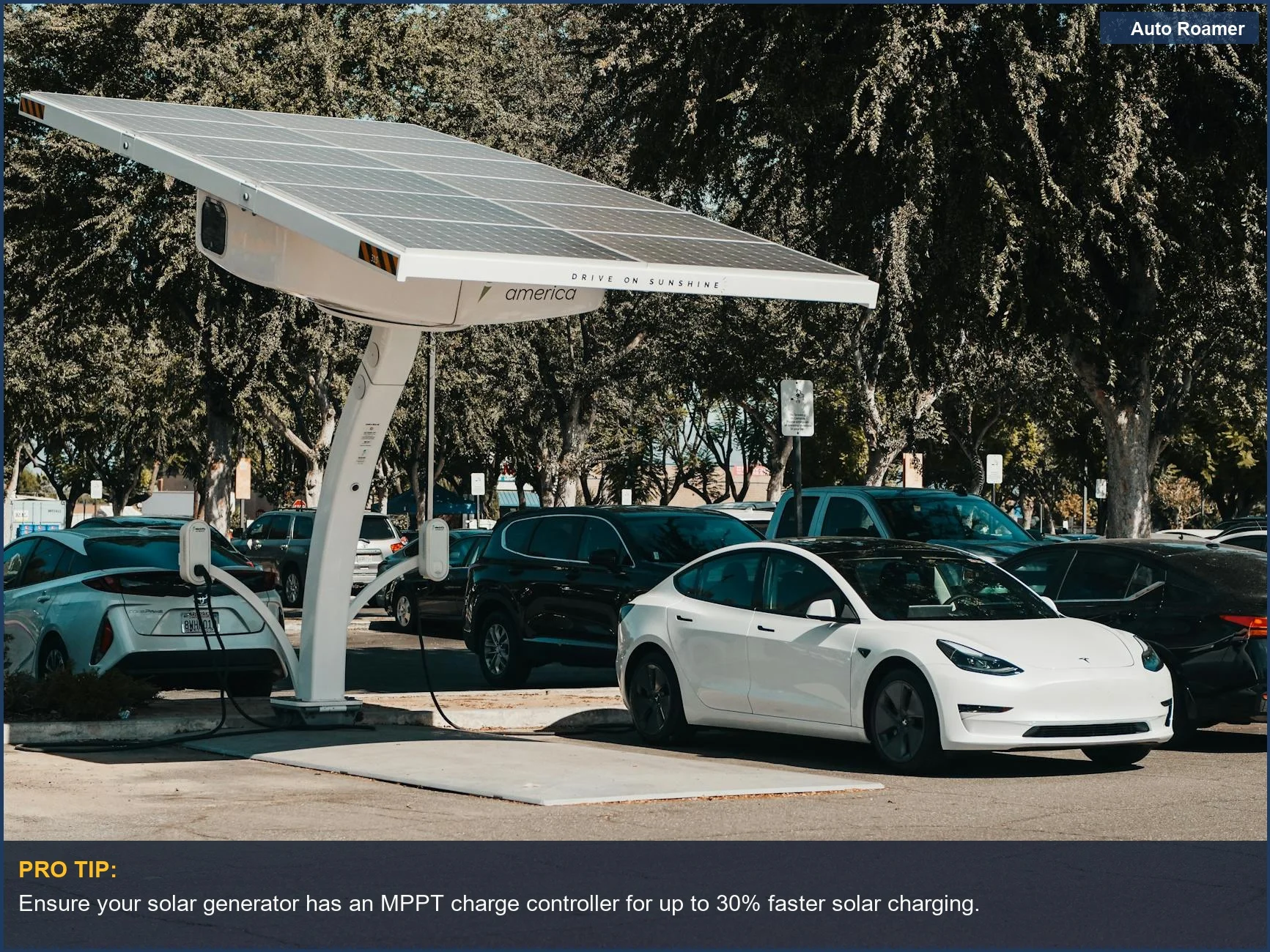 Electric car parked at an outdoor solar charging station, emphasizing renewable energy and modern technology.