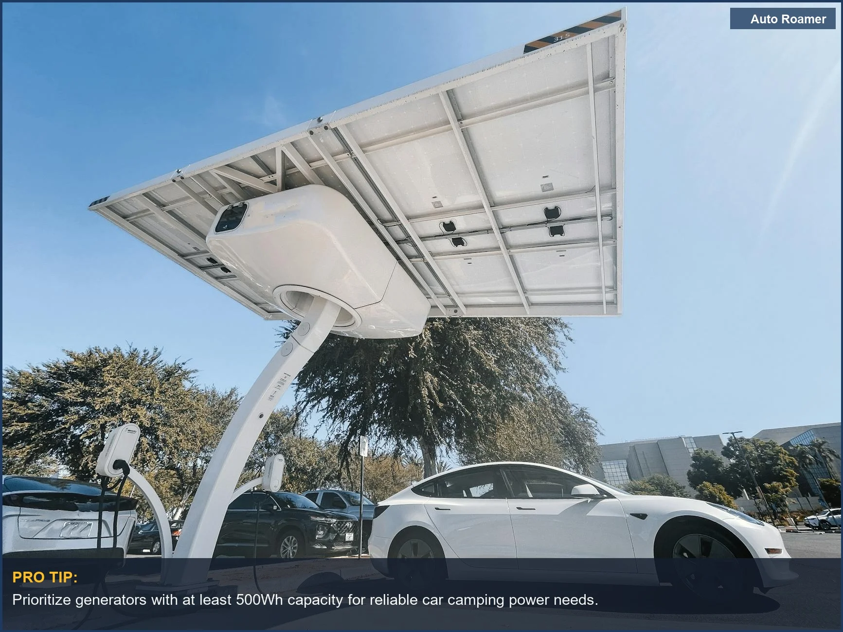 Modern solar panel station powering an electric car, illustrating clean energy solutions for portable power.