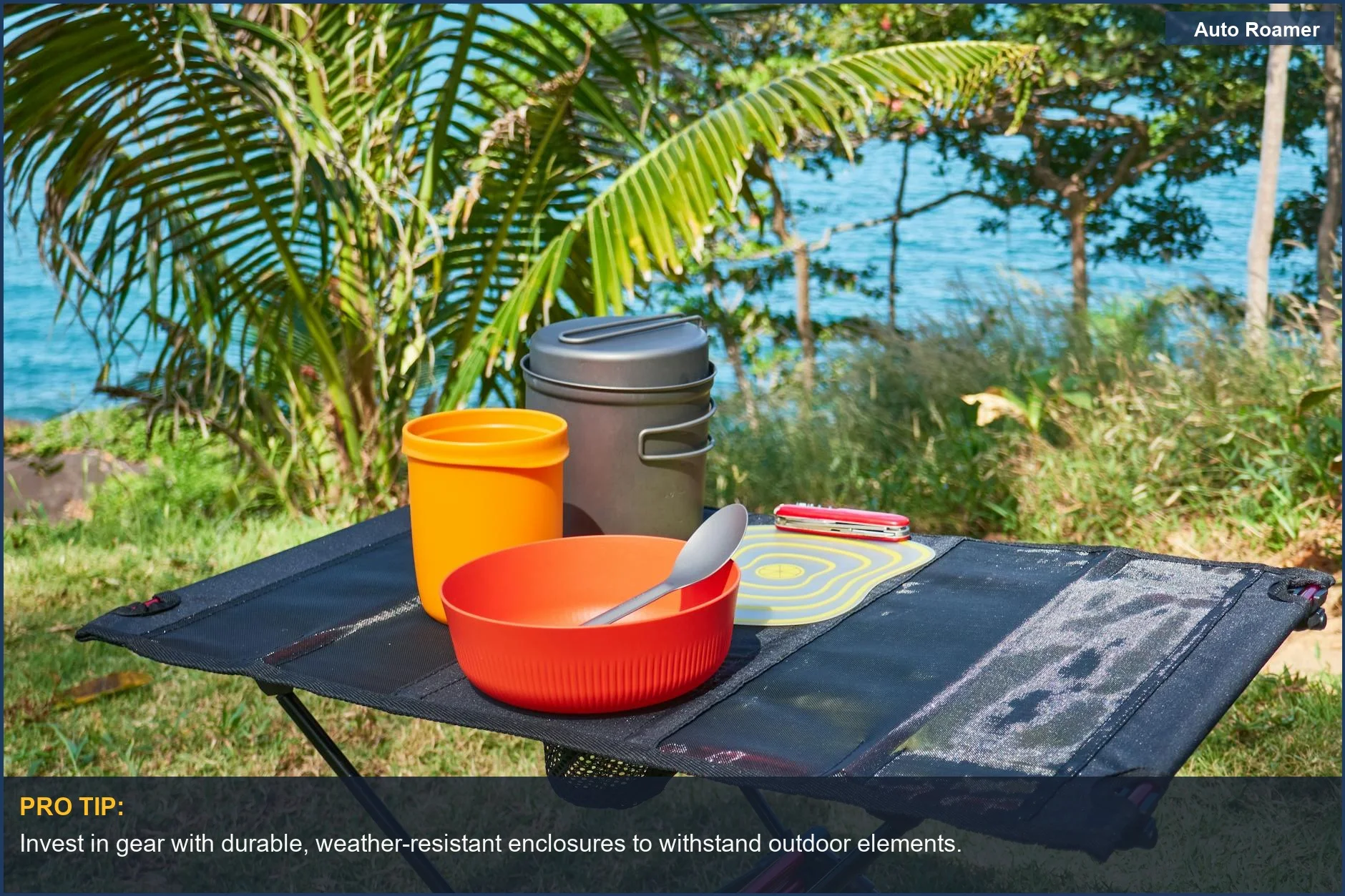 Ultralight camping gear set up by a tropical coast, demonstrating essential equipment for outdoor adventures.
