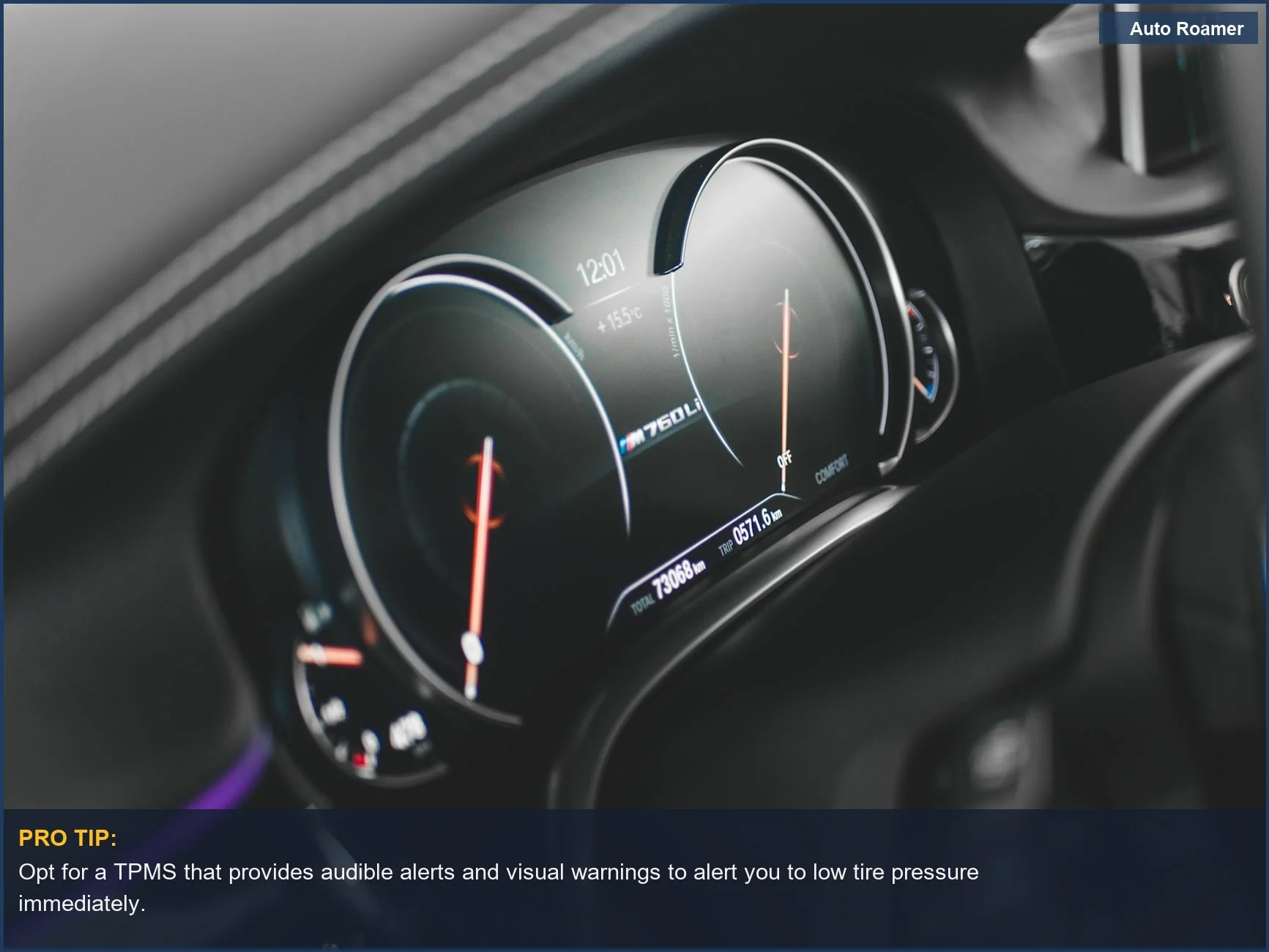 Sleek digital car dashboard featuring a modern speedometer and tachometer, ideal for viewing tire pressure monitoring system alerts.