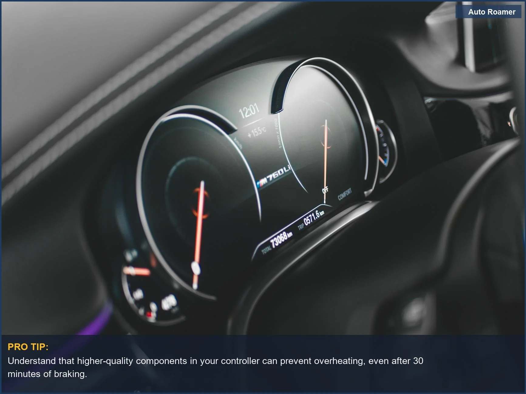Sleek digital car dashboard with modern speedometer and tachometer, essential for towing control.