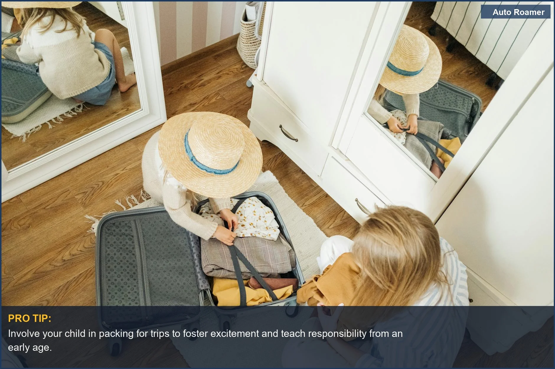 Mother helps child pack a suitcase, a key step in preparing for a summer trip with baby travel essentials.