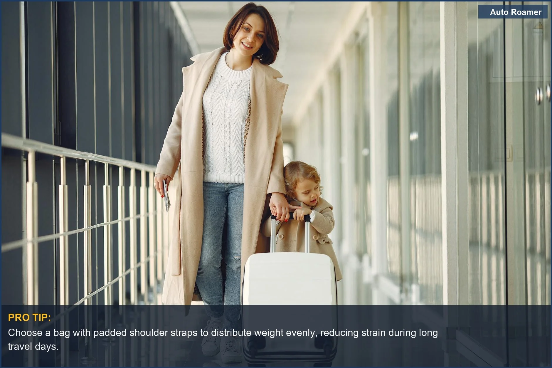 Mother and daughter walk through an airport terminal with luggage, emphasizing versatile baby travel bags for families.