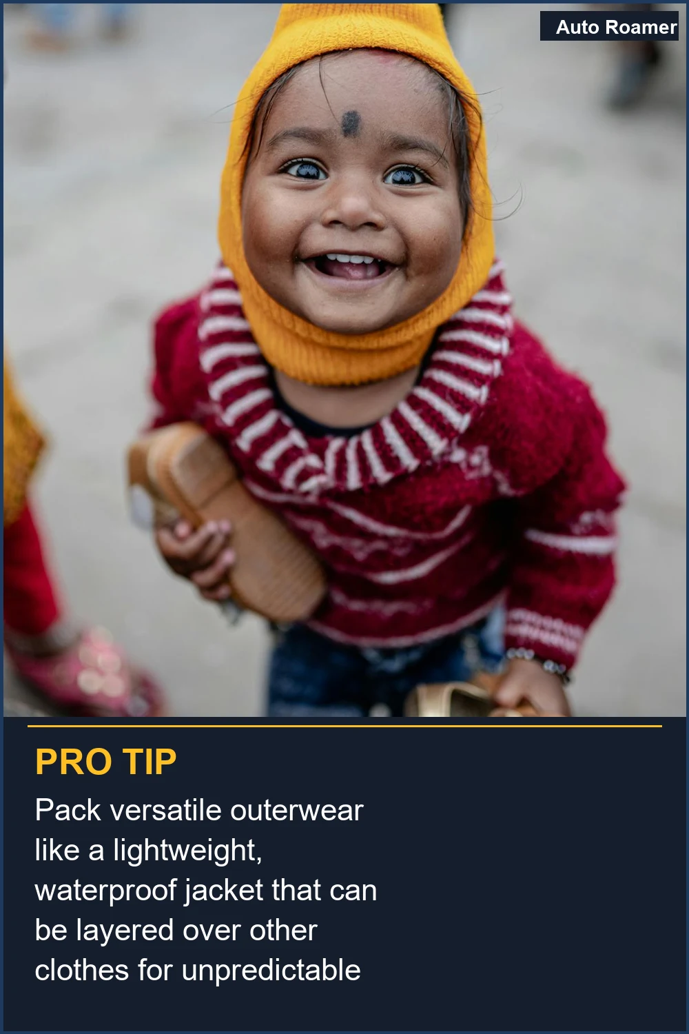 Pack versatile outerwear like a lightweight, waterproof jacket that can be layered over other clothes for unpredictable weather.