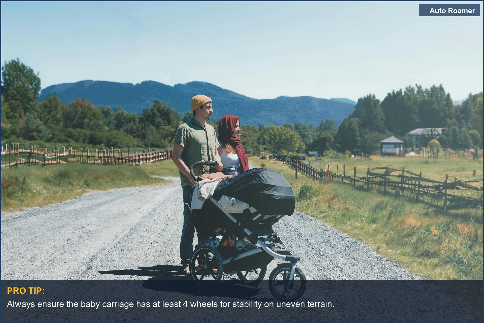 Couple walking on a rural path with a baby carriage, enjoying a peaceful day with their infant.