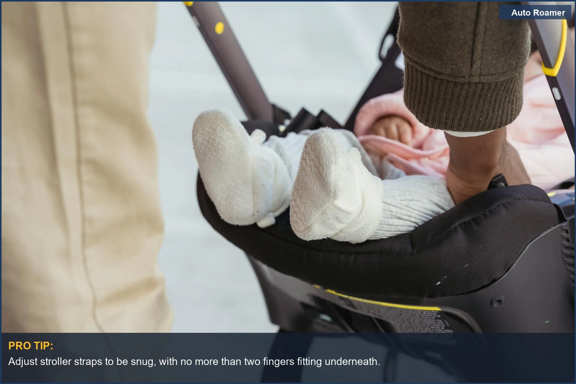 Father tenderly adjusting his infant in a stroller outdoors, showcasing the importance of comfort and safety.
