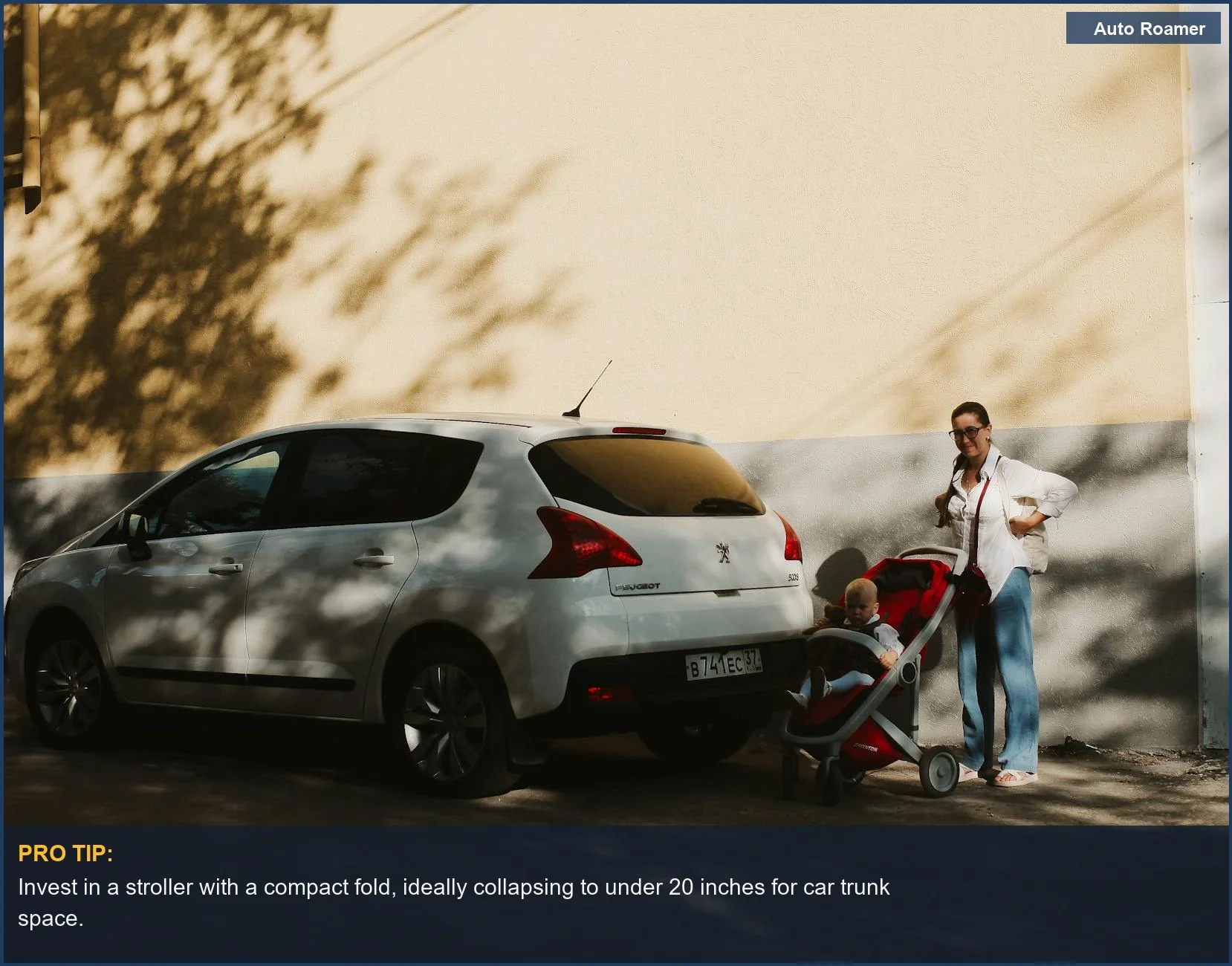 Mother with a stroller and child beside a car, showcasing practical infant travel gear for family road trips.