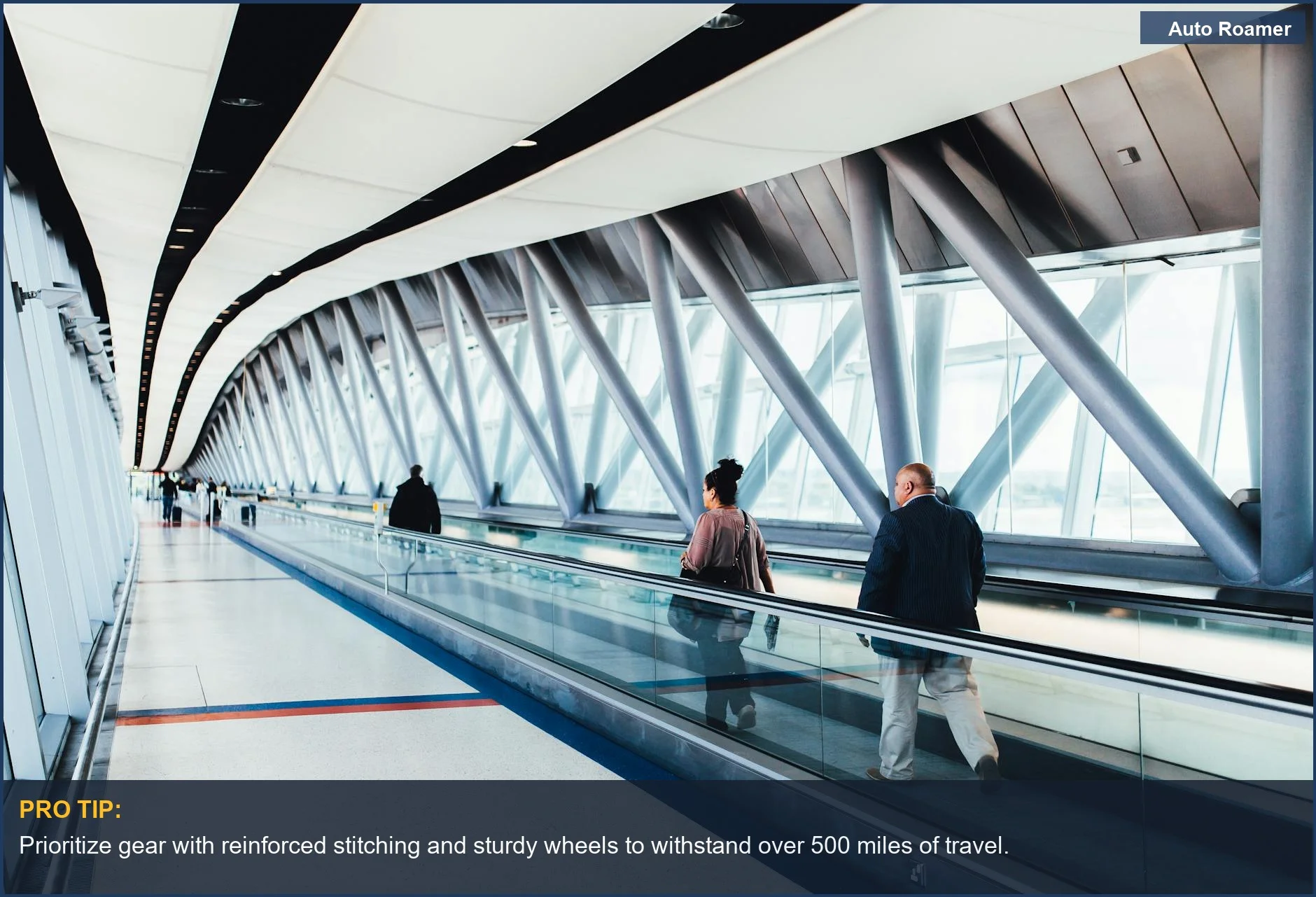 Modern airport corridor with travelers, highlighting the importance of durable travel gear for kids on the go.
