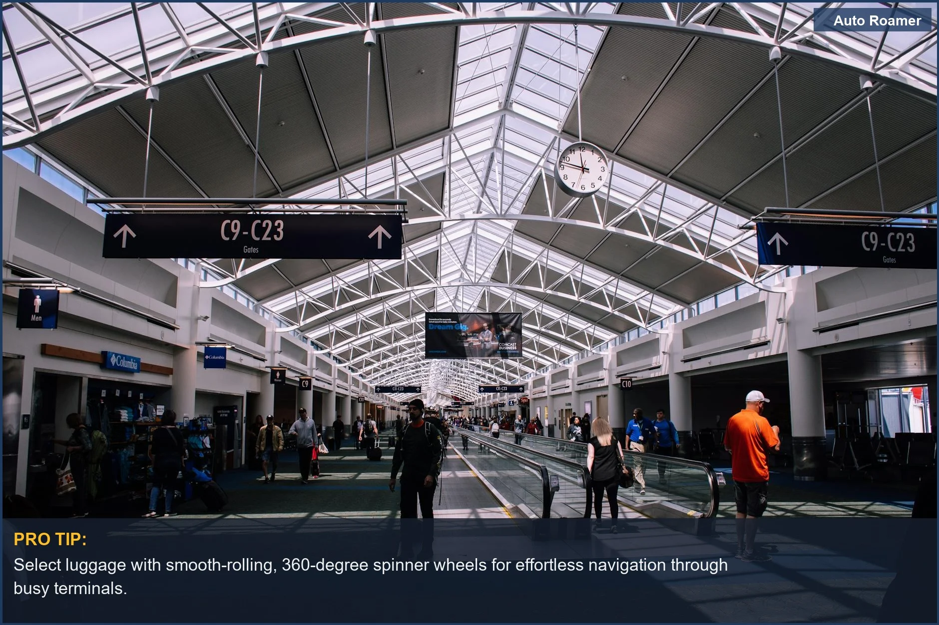 Airport terminal with a moving walkway and diverse travelers, demonstrating the benefits of user-friendly travel gear for children.