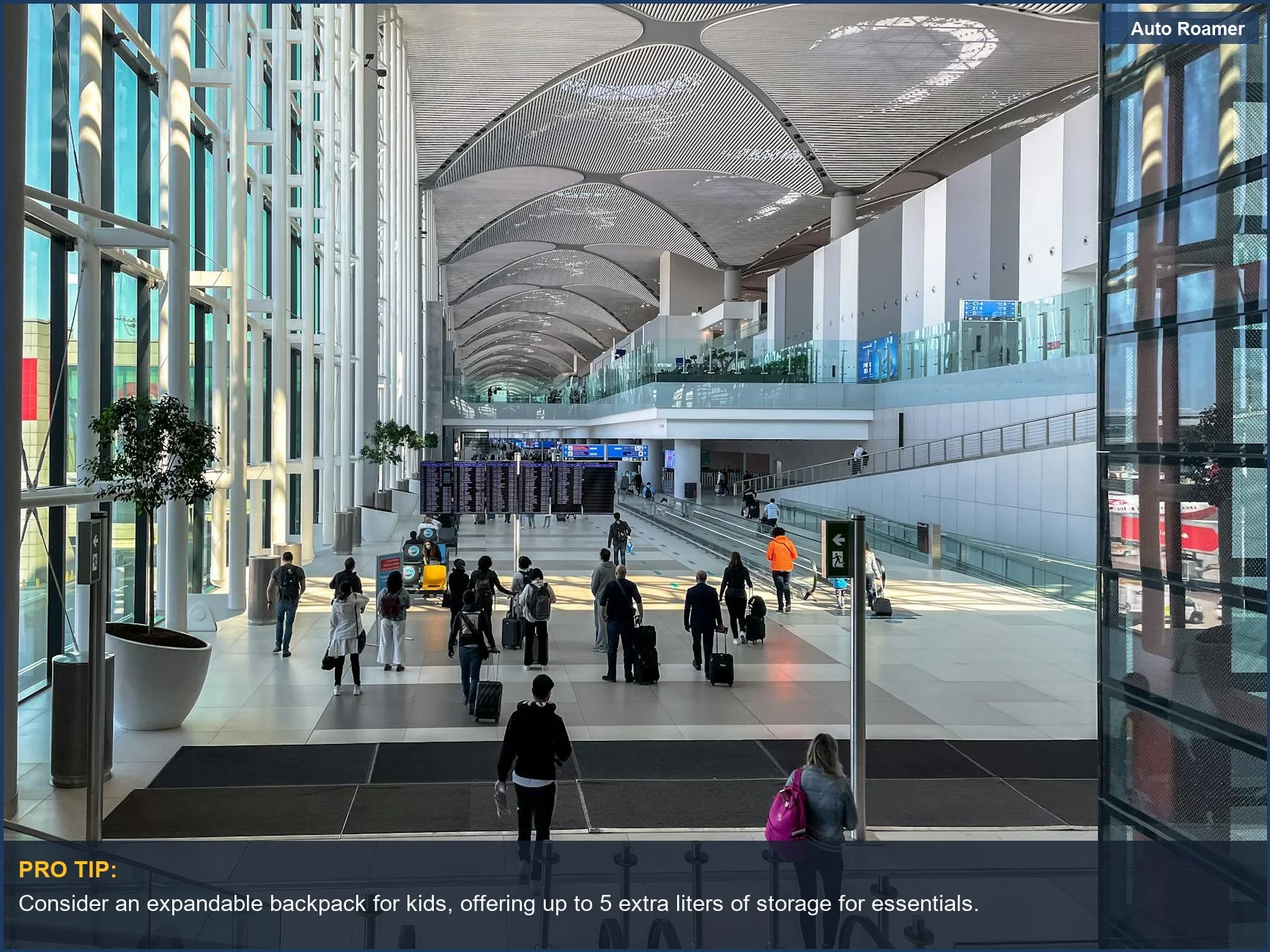 Spacious airport terminal with modern architecture and travelers, illustrating the need for smart travel solutions for families.