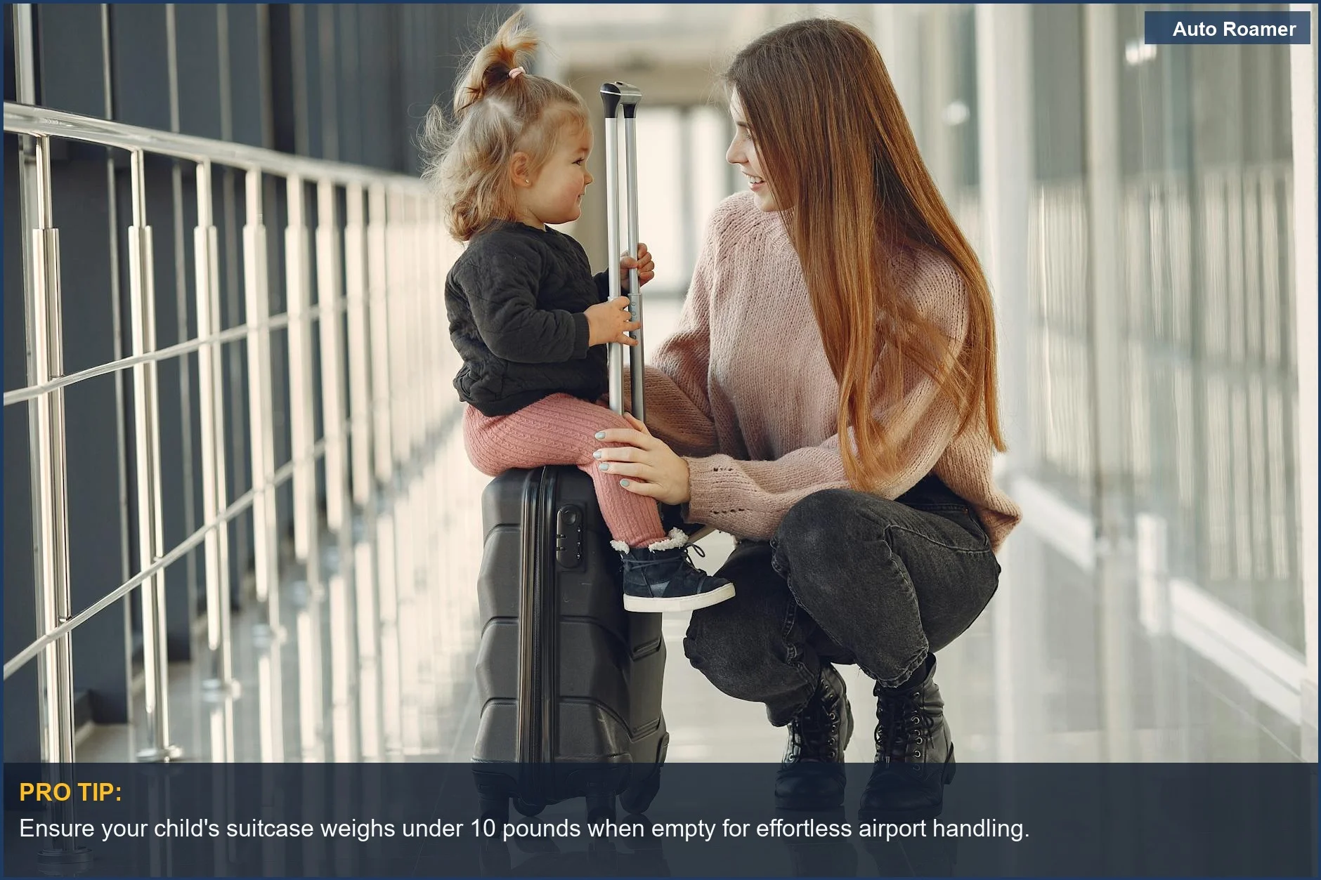 Mother and daughter with stylish luggage waiting at the airport, showcasing essential travel gear for young children.