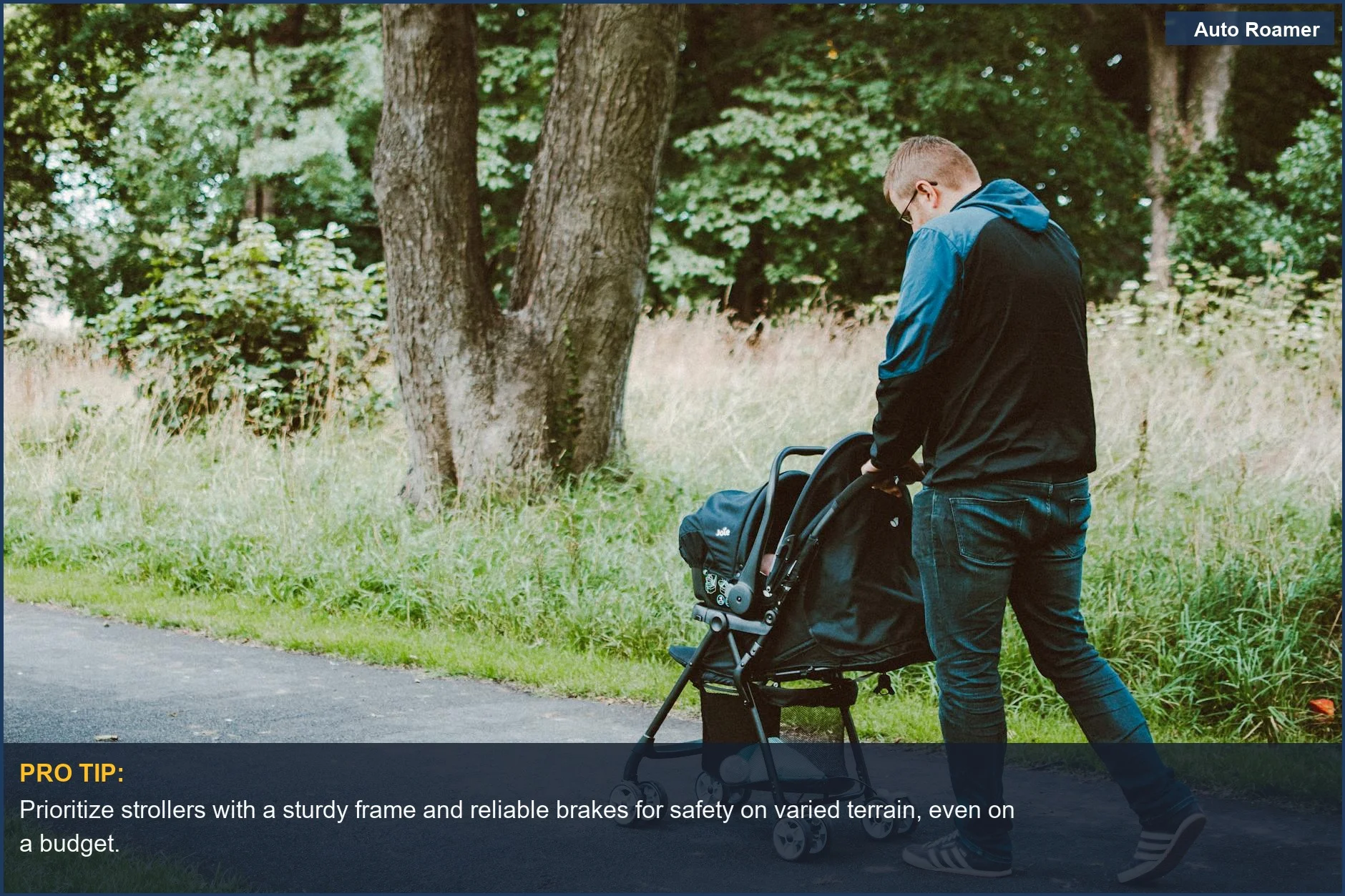 Father pushes a stroller through a serene park, highlighting affordable and functional travel gear for young children.