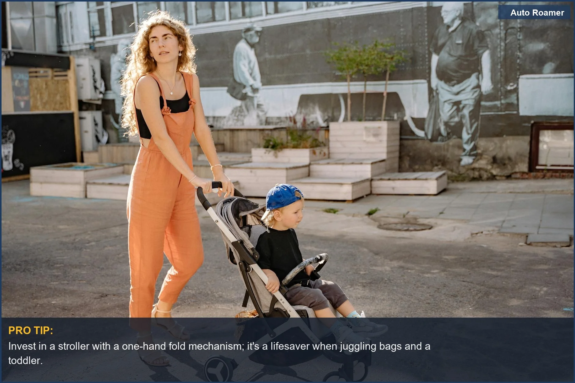 Mother navigates a busy city street with her son in a compact stroller, showcasing essential travel gear for little ones.