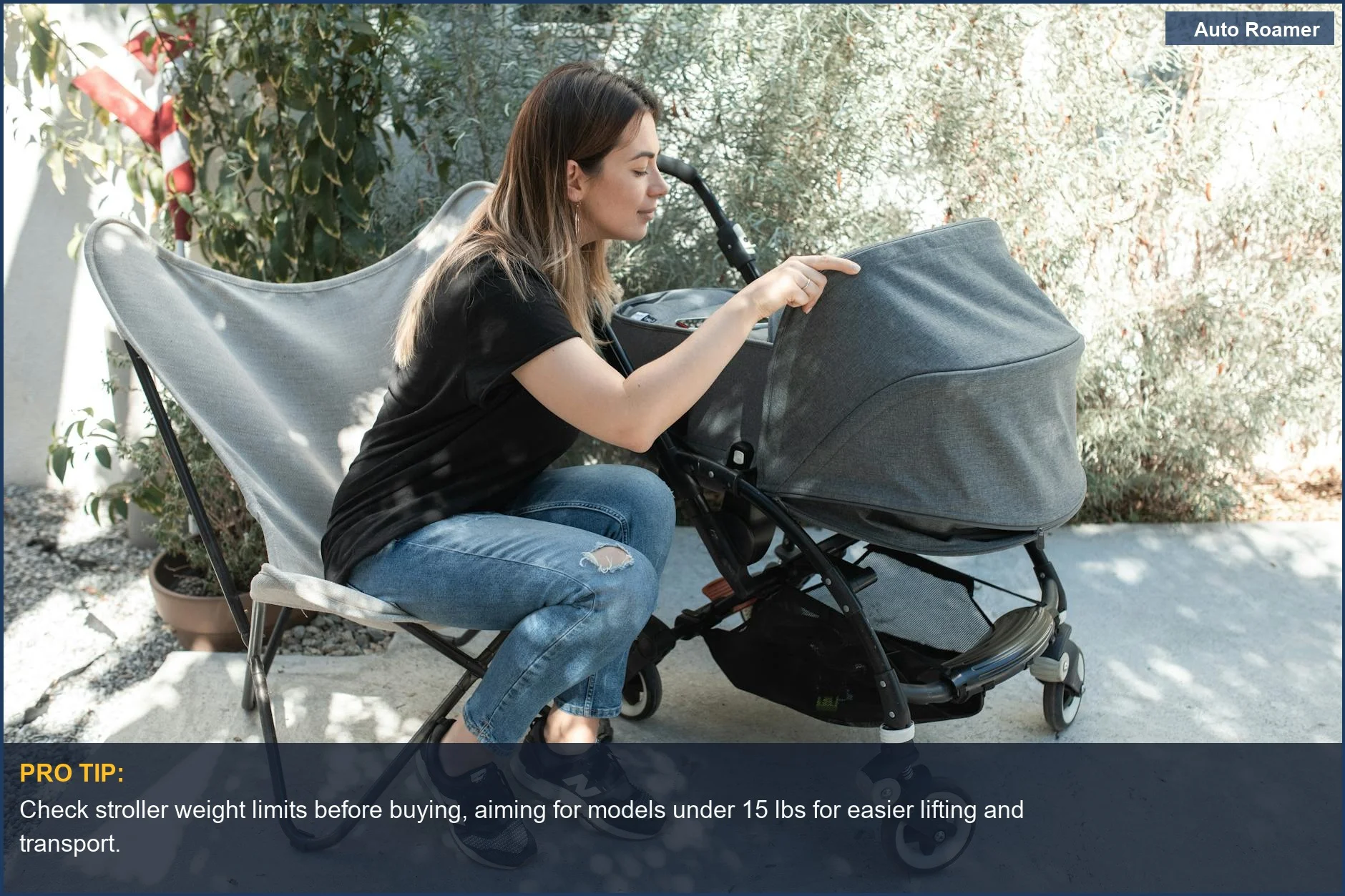 Happy mother pushing a toddler in a stroller on a sunny outdoor path, exploring the best travel gear for kids.