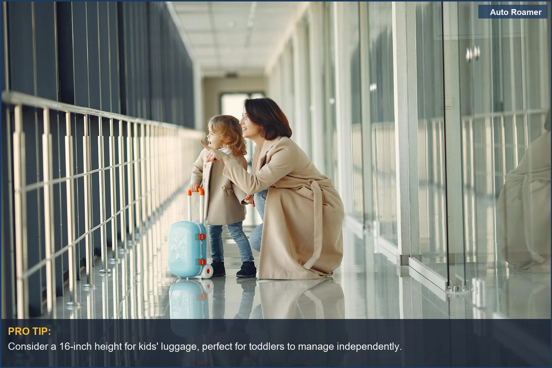 Little girl excited with her own kids suitcase in an airport, highlighting ideal luggage for toddlers.