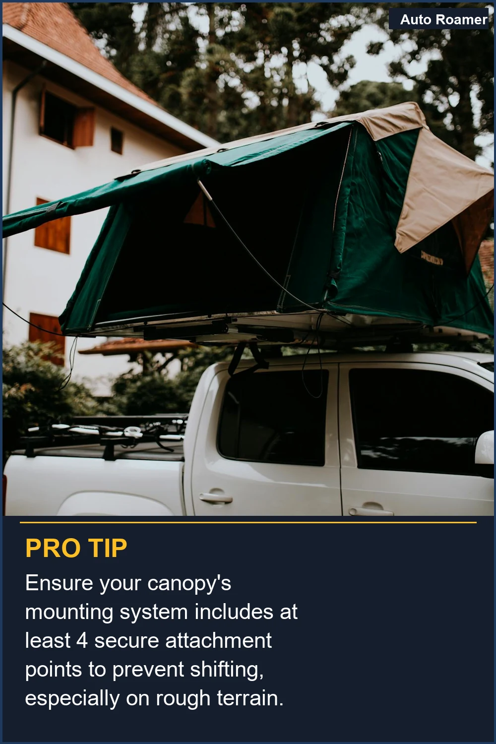 Ensure your canopy's mounting system includes at least 4 secure attachment points to prevent shifting, especially on rough terrain.