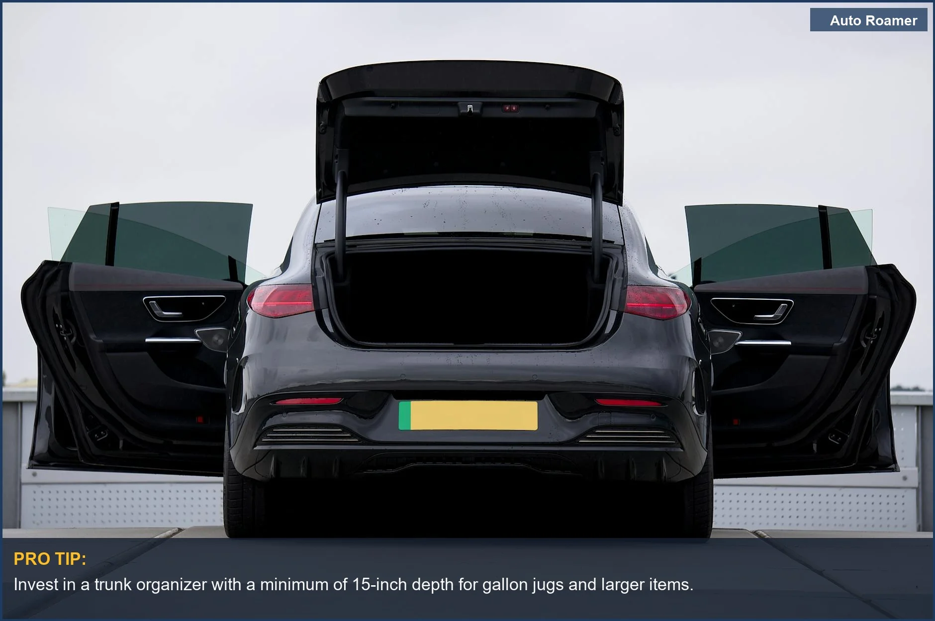 Sleek black electric car with an open trunk, demonstrating the modern versatility of a grocery trunk organizer.