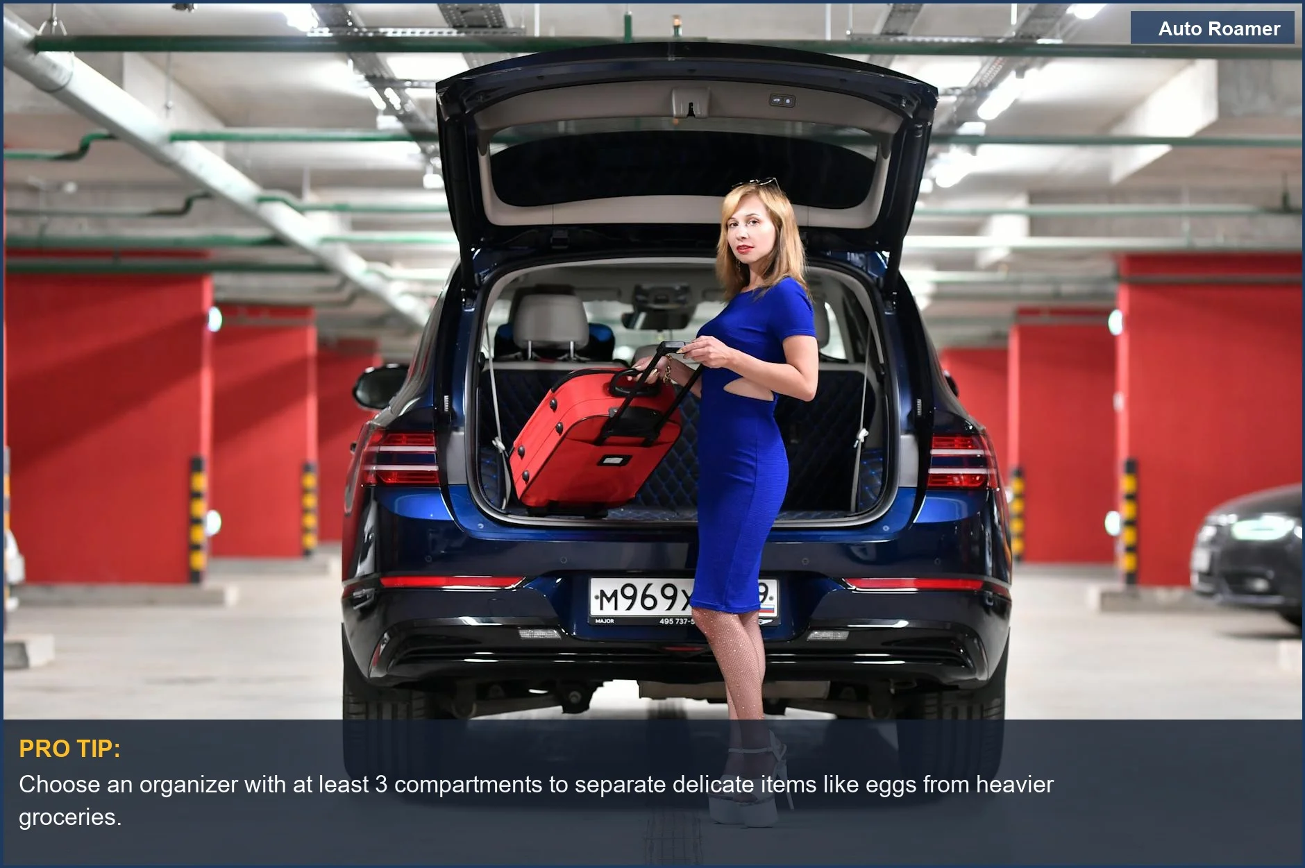 Elegant woman loading luggage into a car trunk, highlighting the need for a reliable car organizer for food.