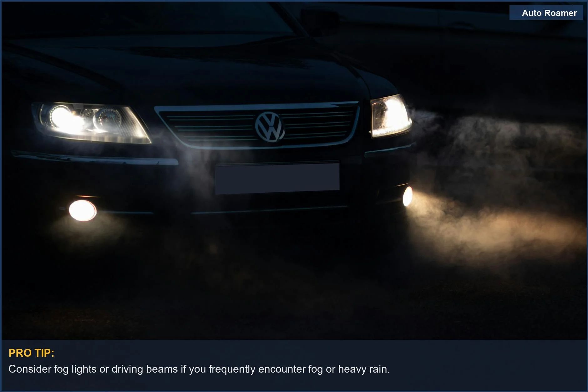 Car headlights piercing through thick fog, enhancing visibility with advanced headlight types.