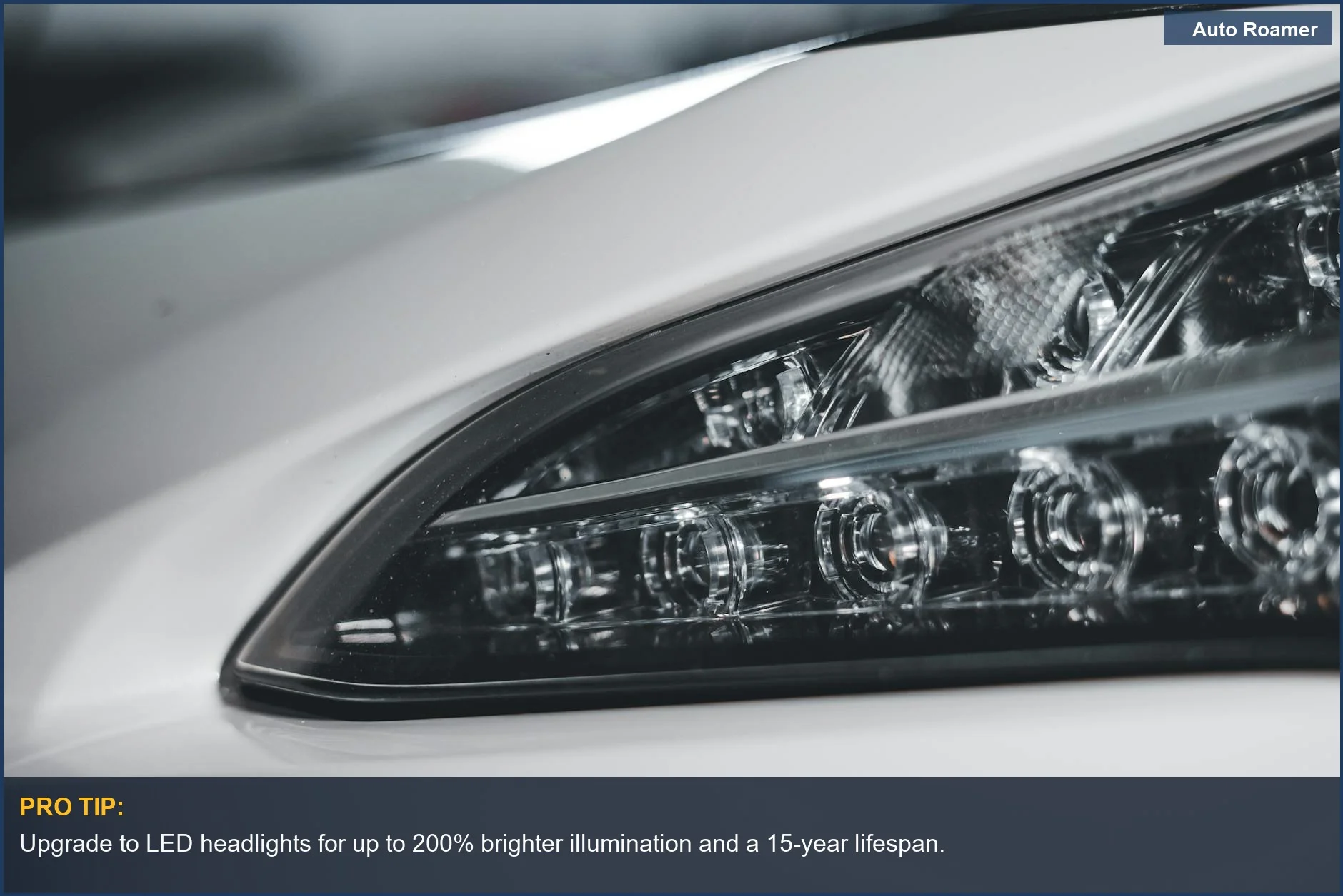 Modern car headlight design for improved night driving visibility on a white vehicle.