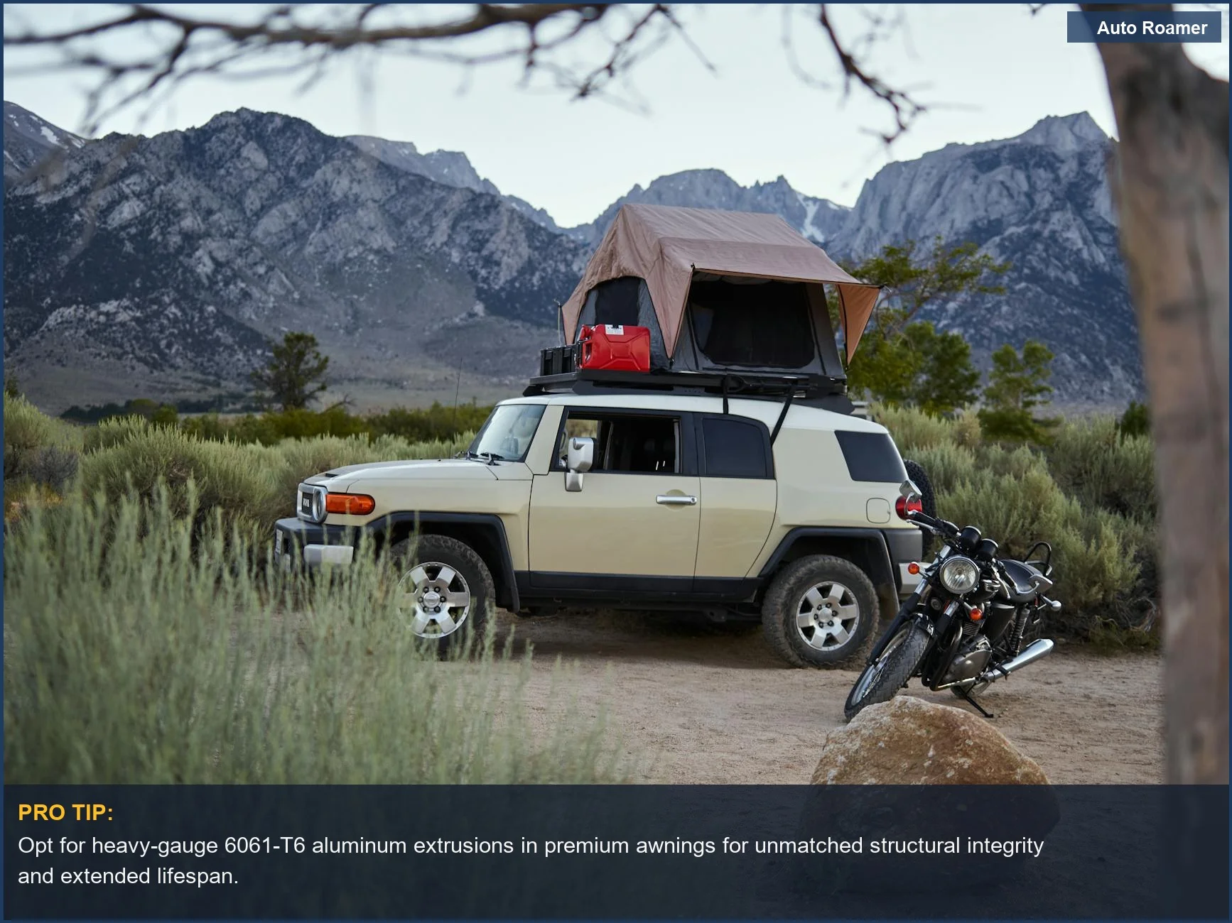 Camp in scenic mountains with an off-road vehicle and rooftop tent, featuring a durable vehicle mounted awning for overlanding.
