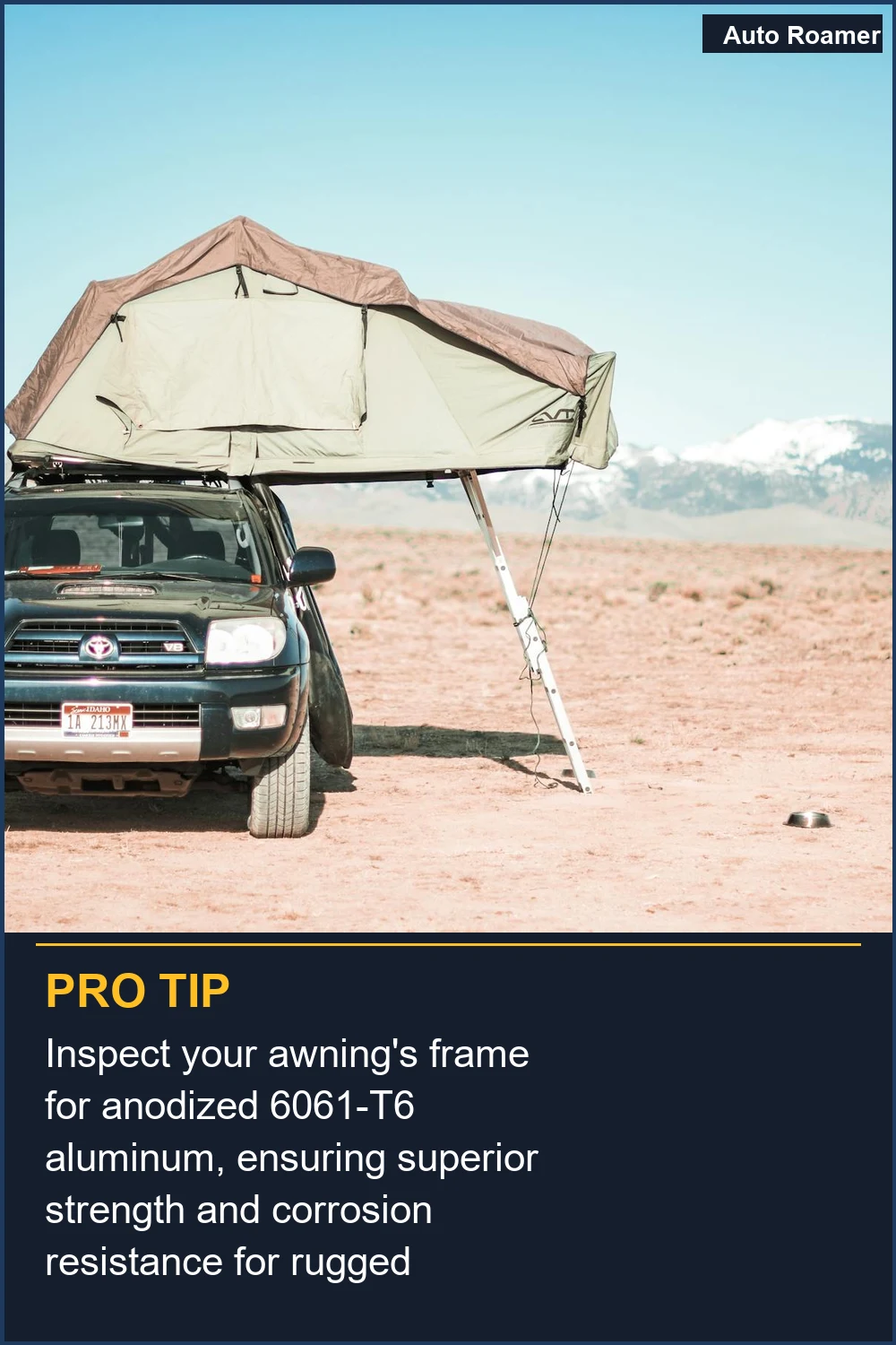 Inspect your awning's frame for anodized 6061-T6 aluminum, ensuring superior strength and corrosion resistance for rugged terrain.