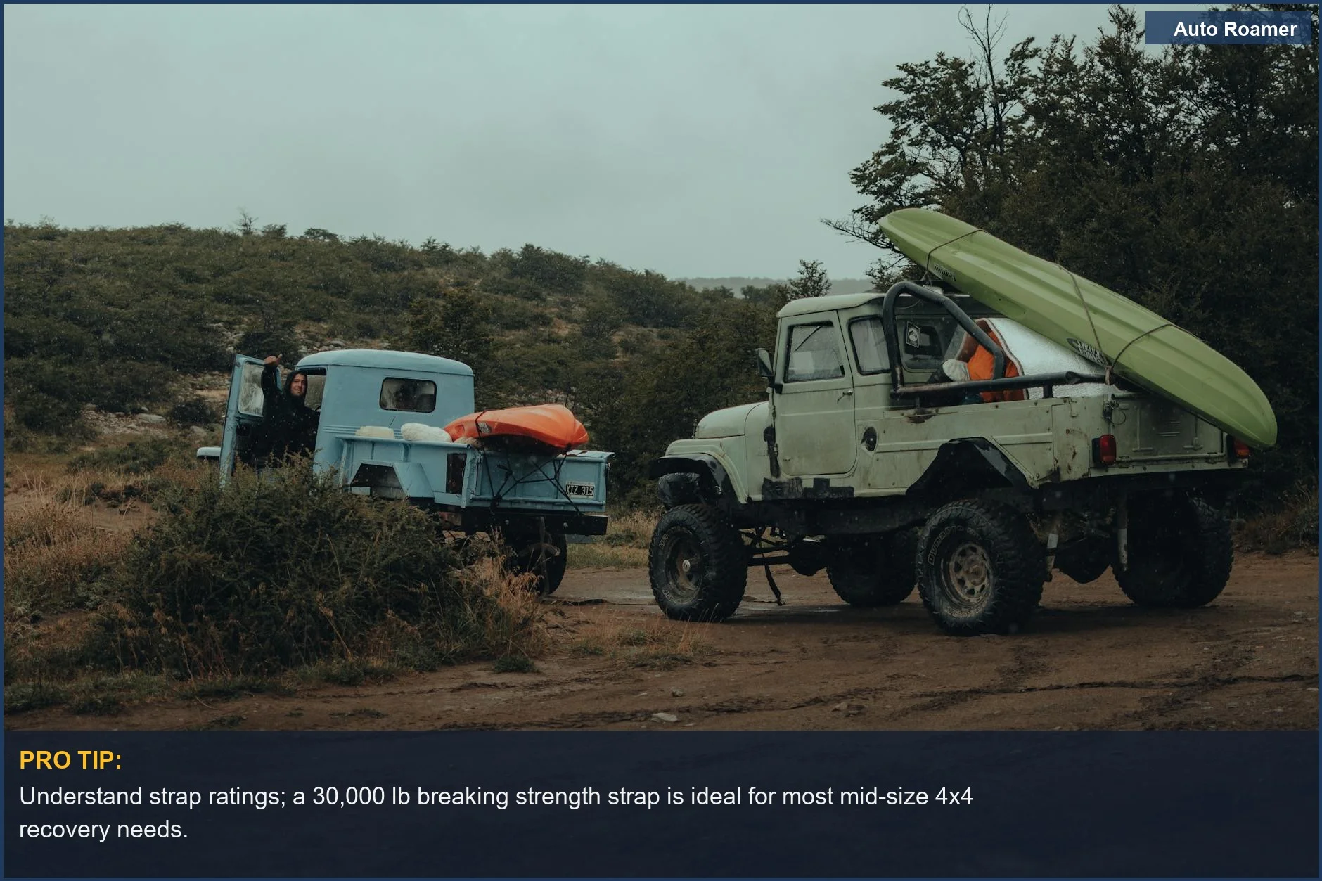 Two 4x4 trucks loaded with kayaks, poised for a rugged off-road journey, emphasizing a complete recovery kit.
