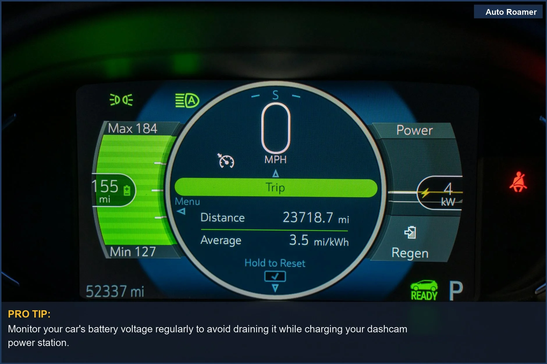 Modern car dashboard displaying speed and battery metrics, relevant to dashcam power station usage.